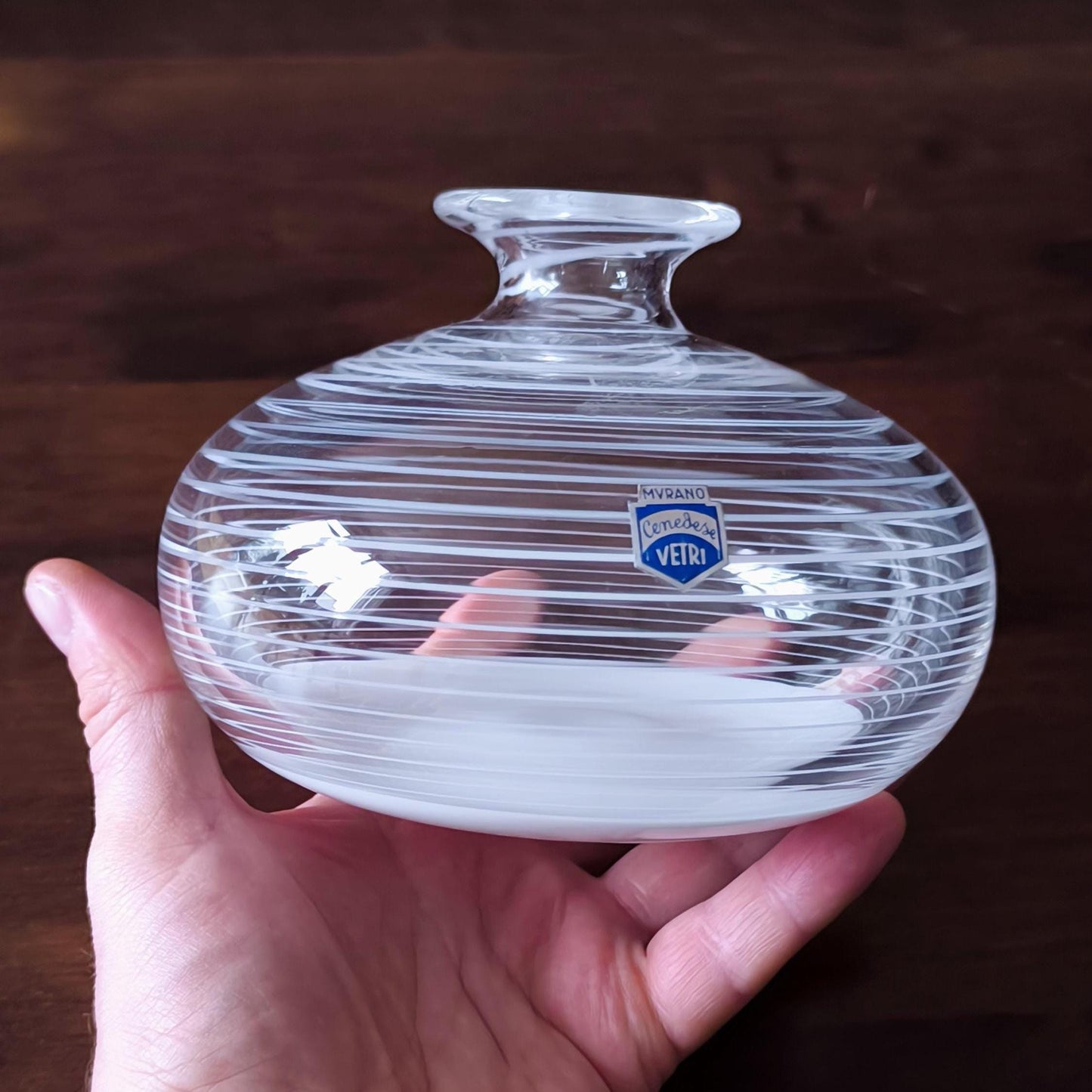 Murano Glass Round and Striped Vase 1980, Original Handmade Clear Crystal