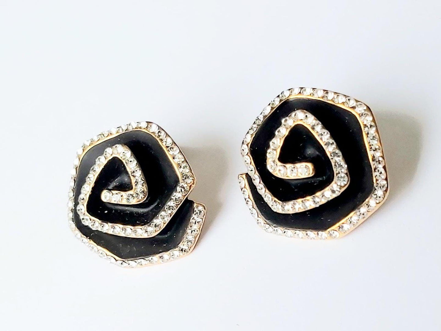Vintage 2000s Black & 14K Gold-Plated Flower Crystal Stud Earrings