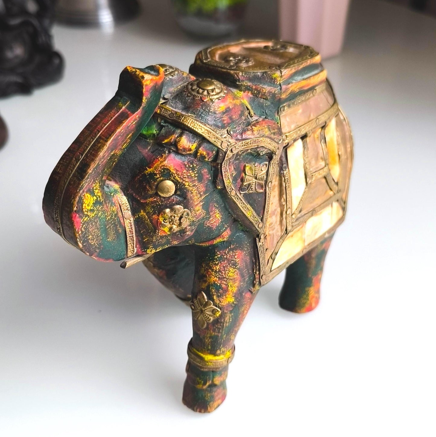 Handmade Wooden Elephant with Metal and Stone Inlay, Trunk Up 1970