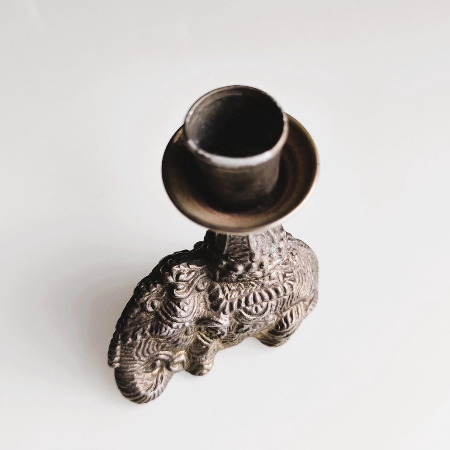 Silver Tone Elephant figurine Candle Holder, Handmade Pewter candlestick 1970s