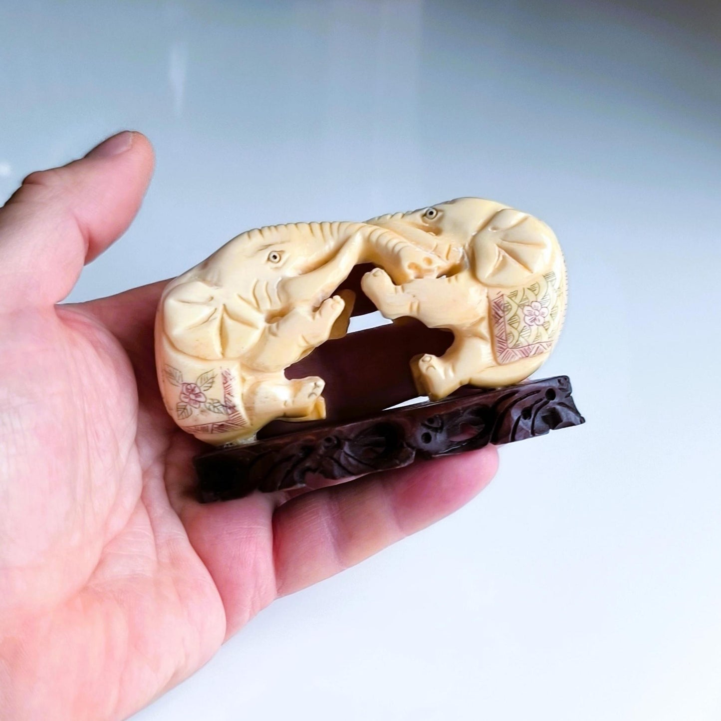 White Stone Two Elephants Sculpture On A Wooden Base, Handmade from 1960s