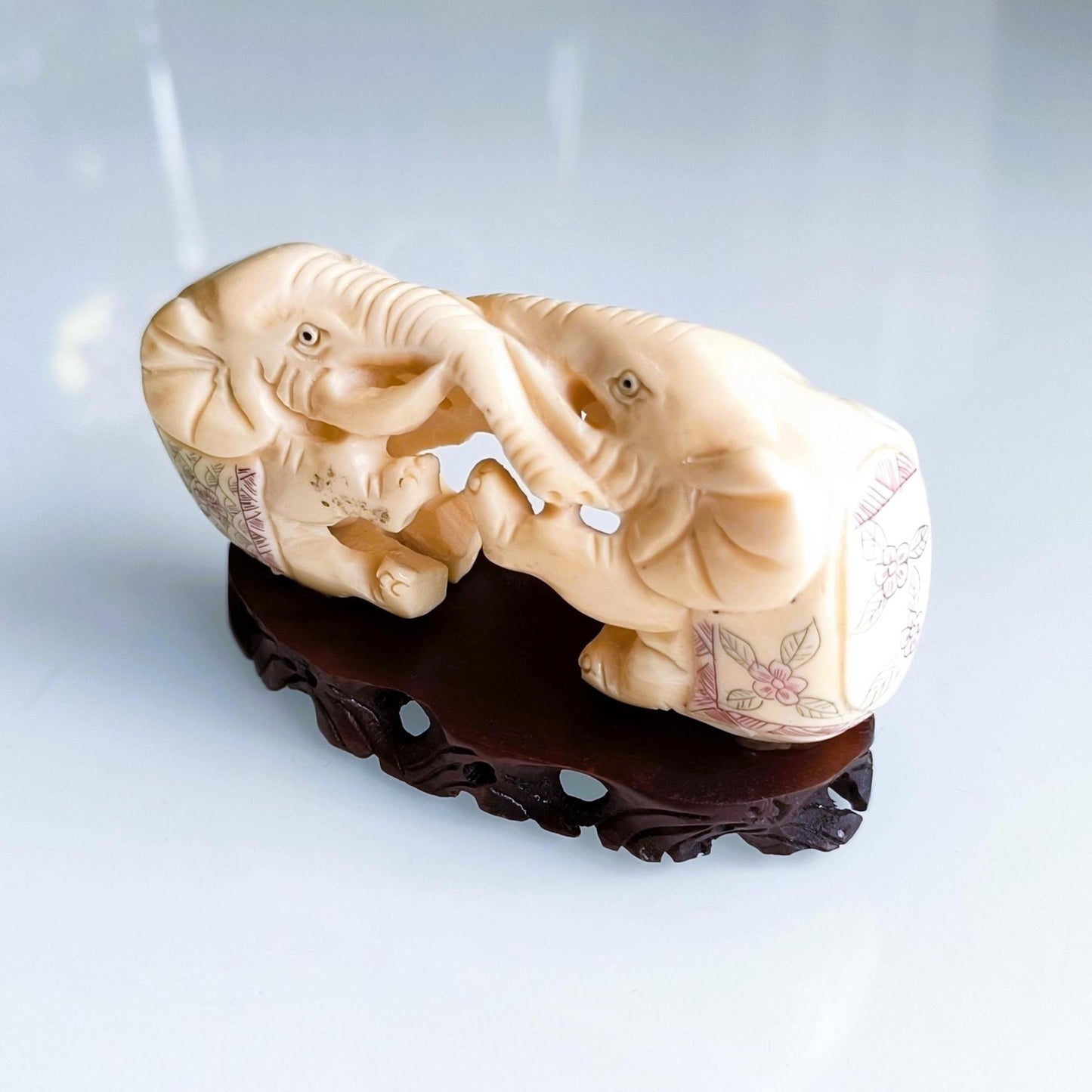 White Stone Two Elephants Sculpture On A Wooden Base, Handmade from 1960s