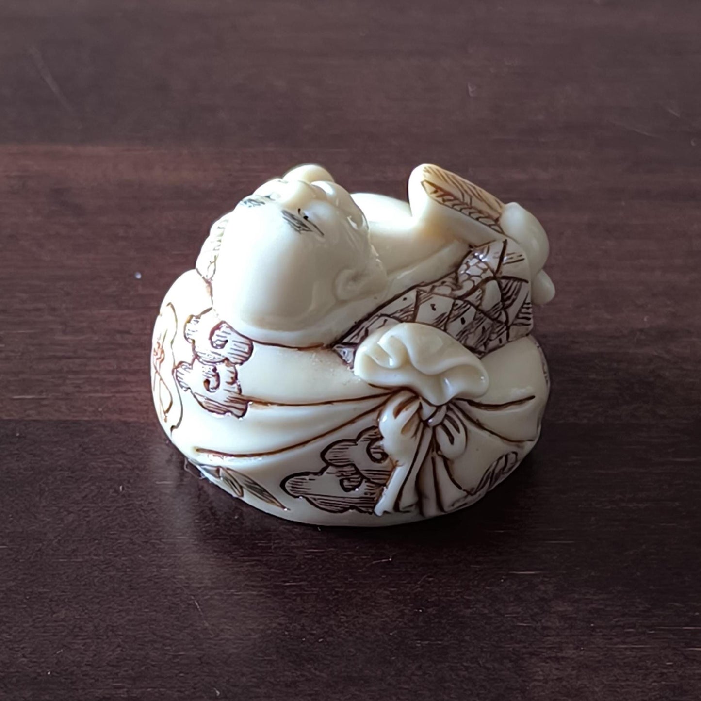 Japanese Resin Netsuke Happy Buddha Figurine Hand Painted, Carved 1970s