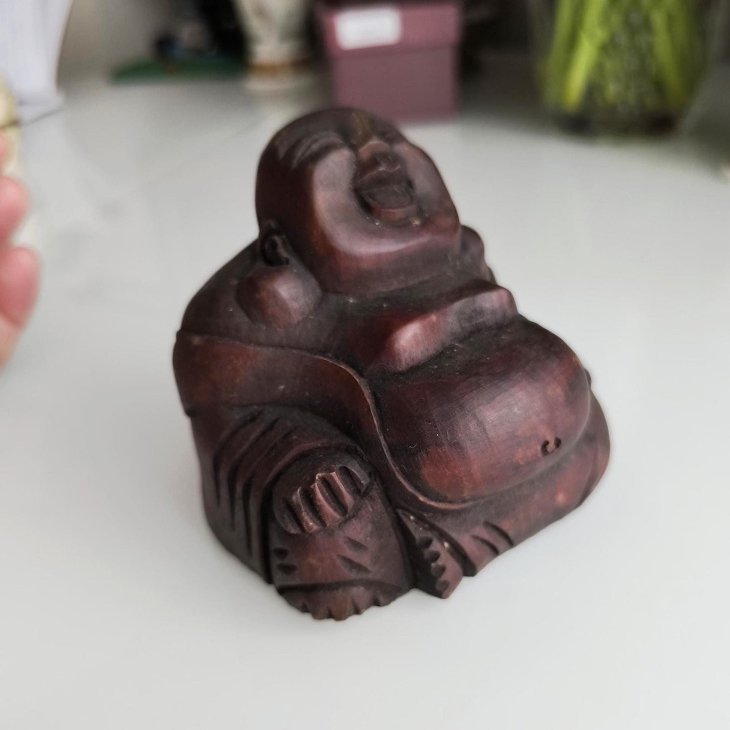 1970 Handmade Wooden Painted Brown Carved Sitting Buddha