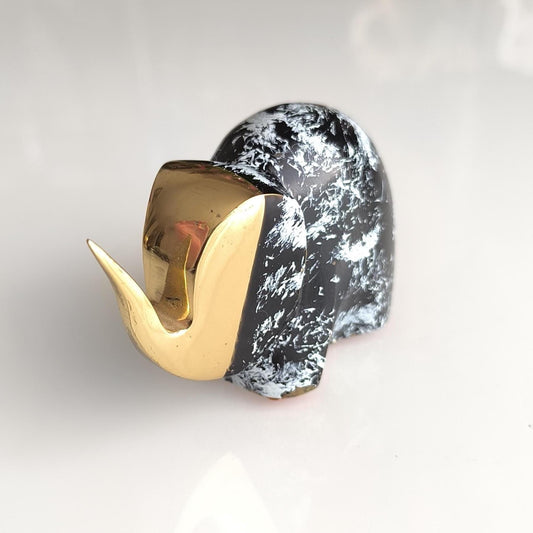Handmade Small Black Elephant Statue with White Accents and Gold Head, 1980s