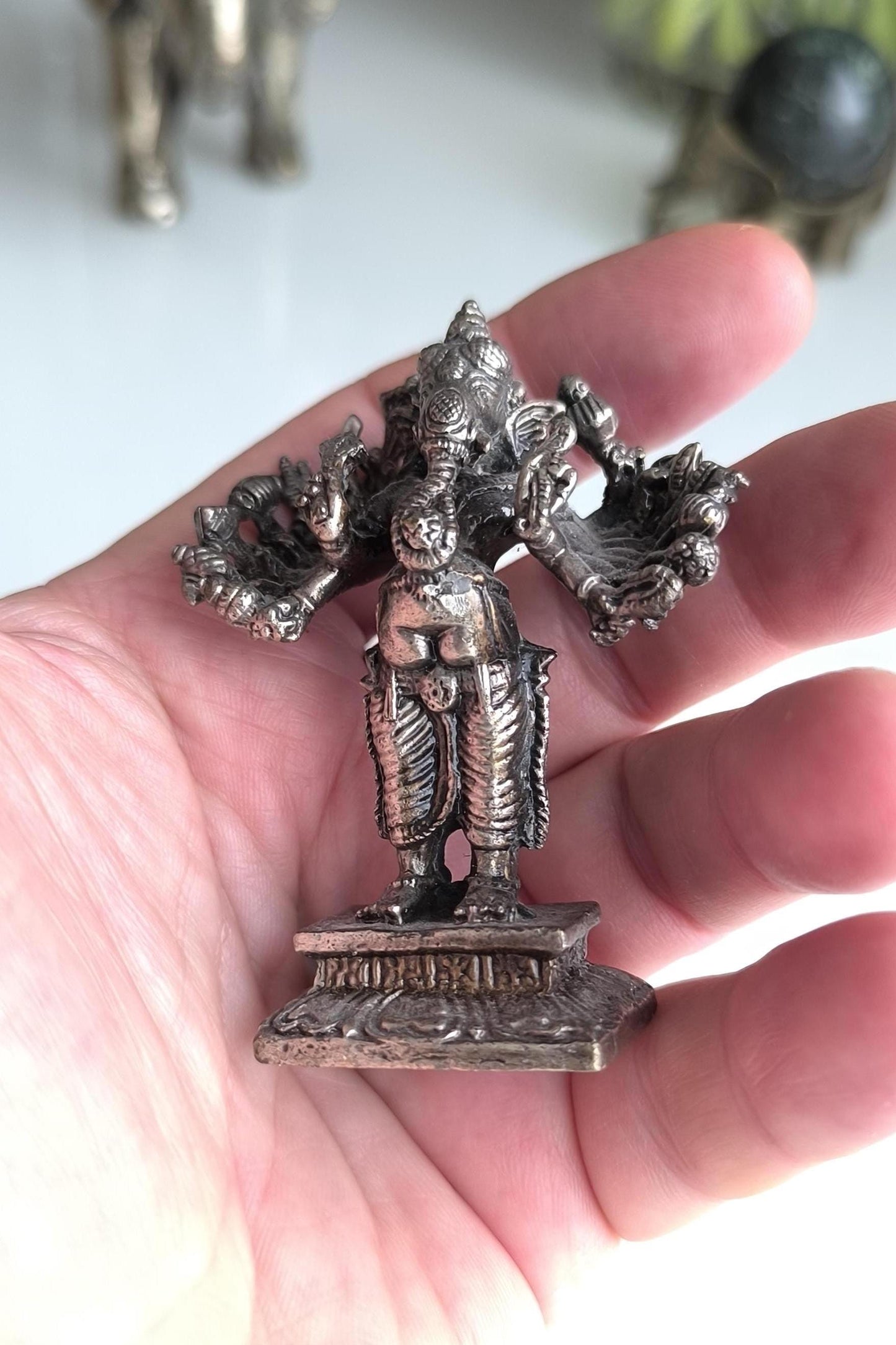 Bronze Silver Tone Small Ganesha Statue with Many Hands – Hindu Elephant Deity, 1970s