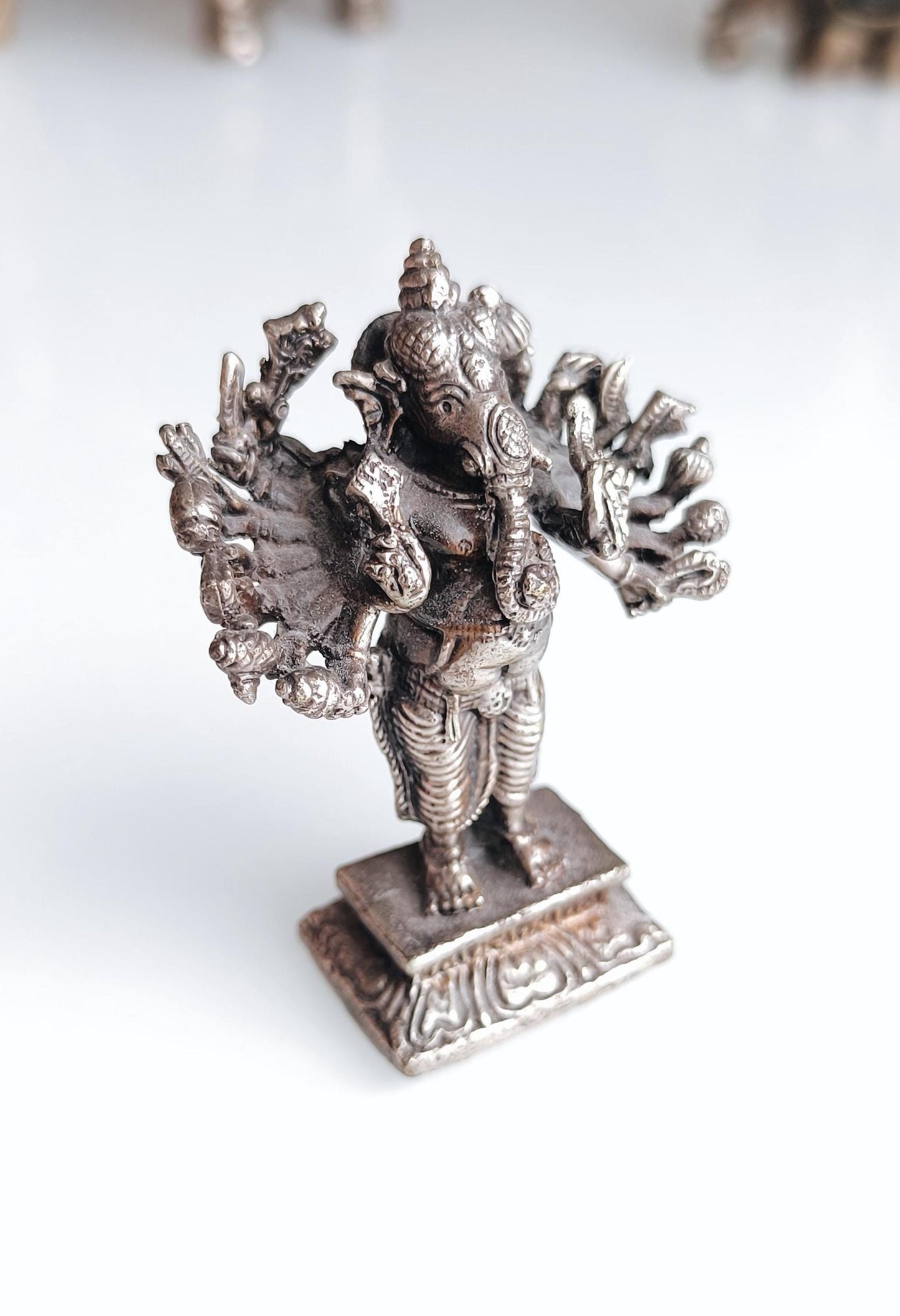 Bronze Silver Tone Small Ganesha Statue with Many Hands – Hindu Elephant Deity, 1970s