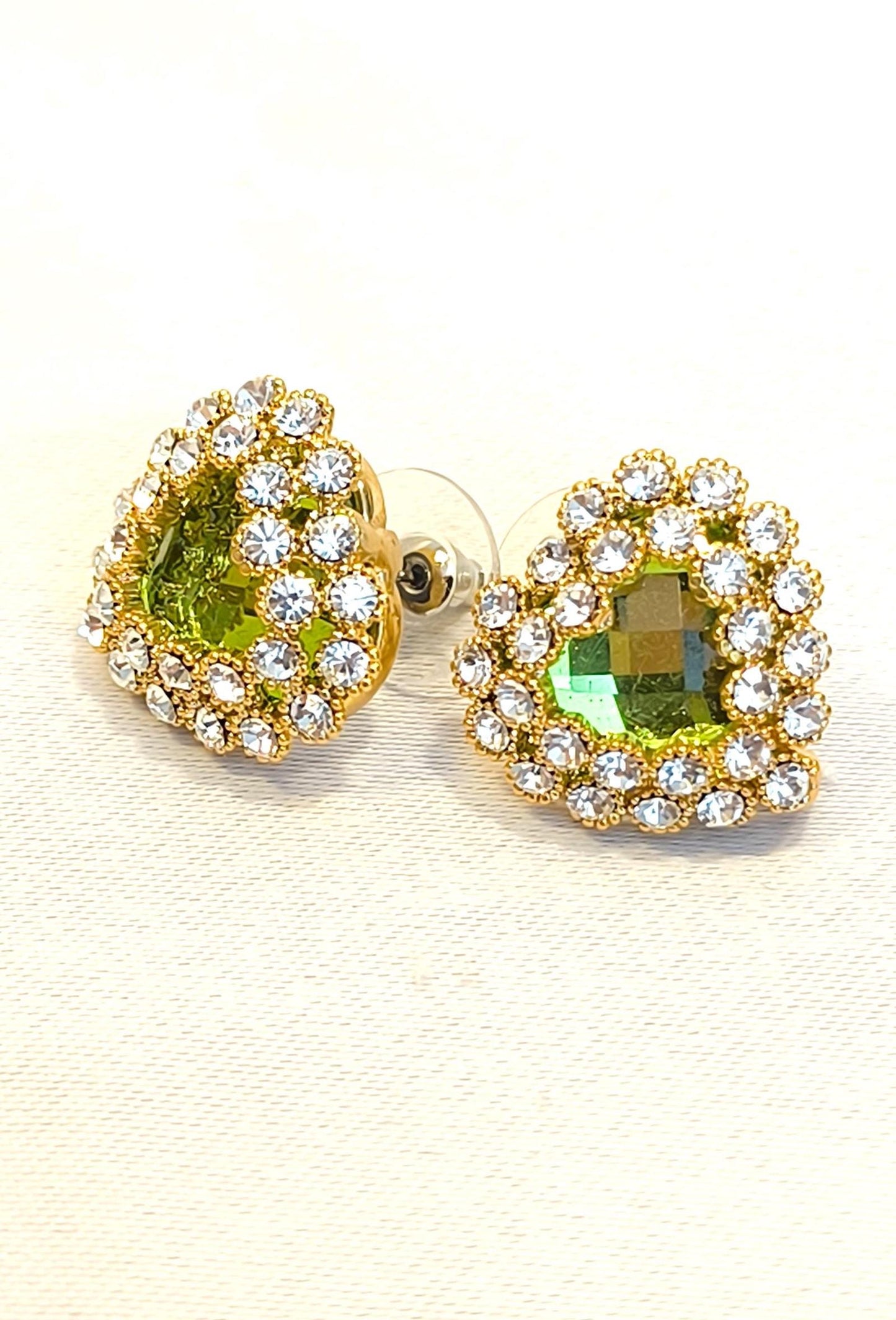 Vintage 2000s 14K Gold-Plated Stud Earrings with Green Heart-Shaped Swarovski Drop & Diamond Accents
