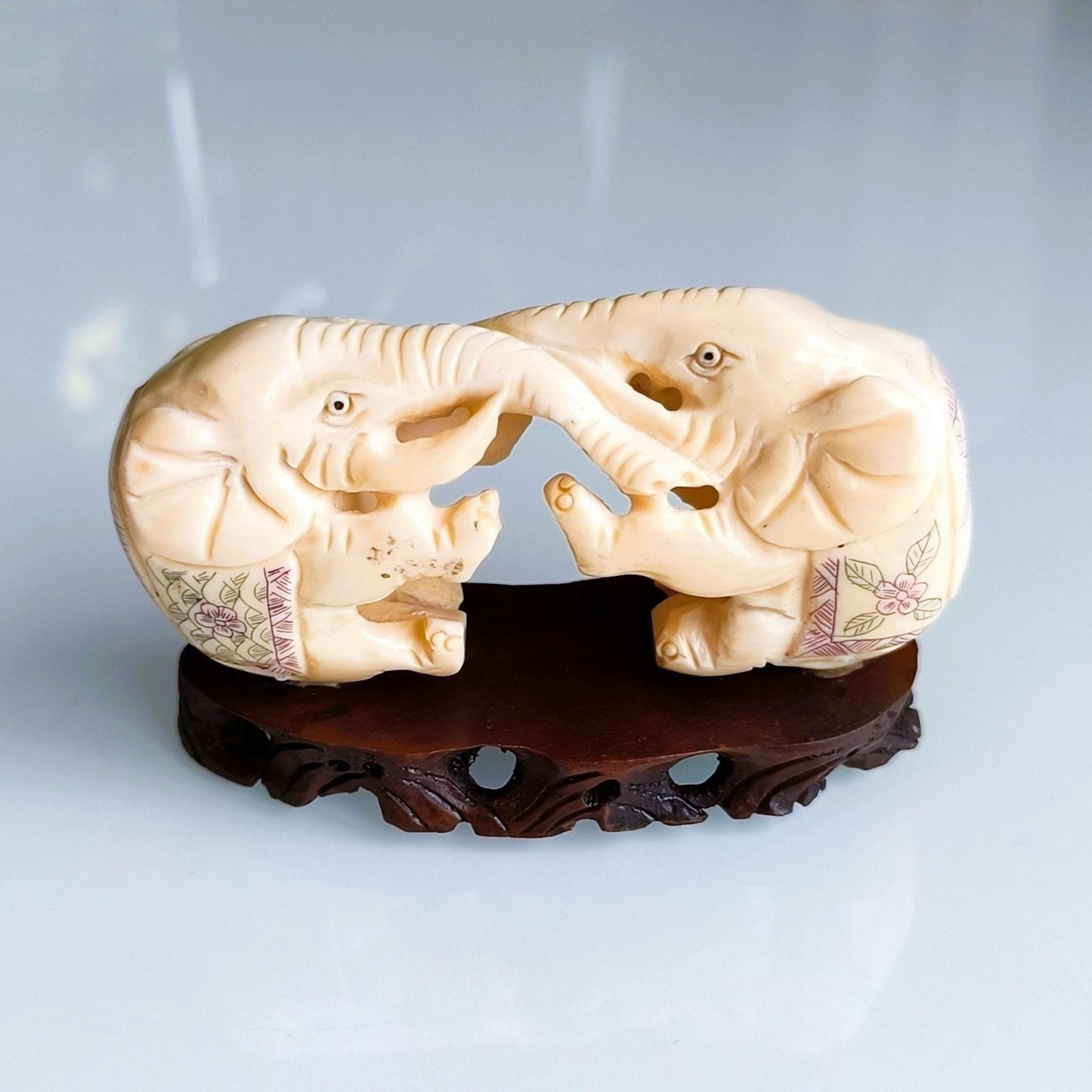 White Stone Two Elephants Sculpture On A Wooden Base, Handmade from 1960s