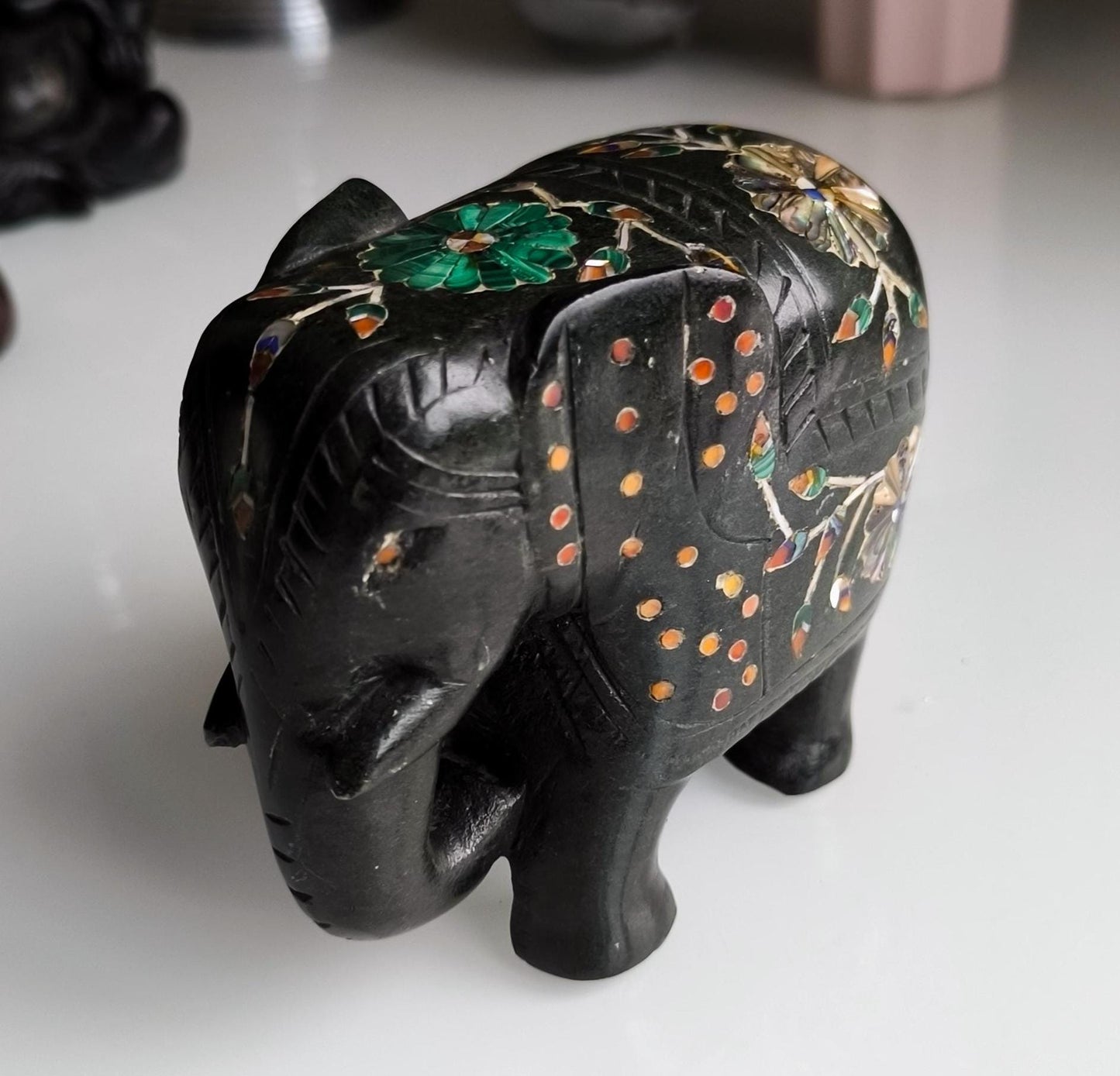Vintage Black Painted Marble Elephant Statue, Inlaid Gemstones, Handmade 12 cm, 1980s