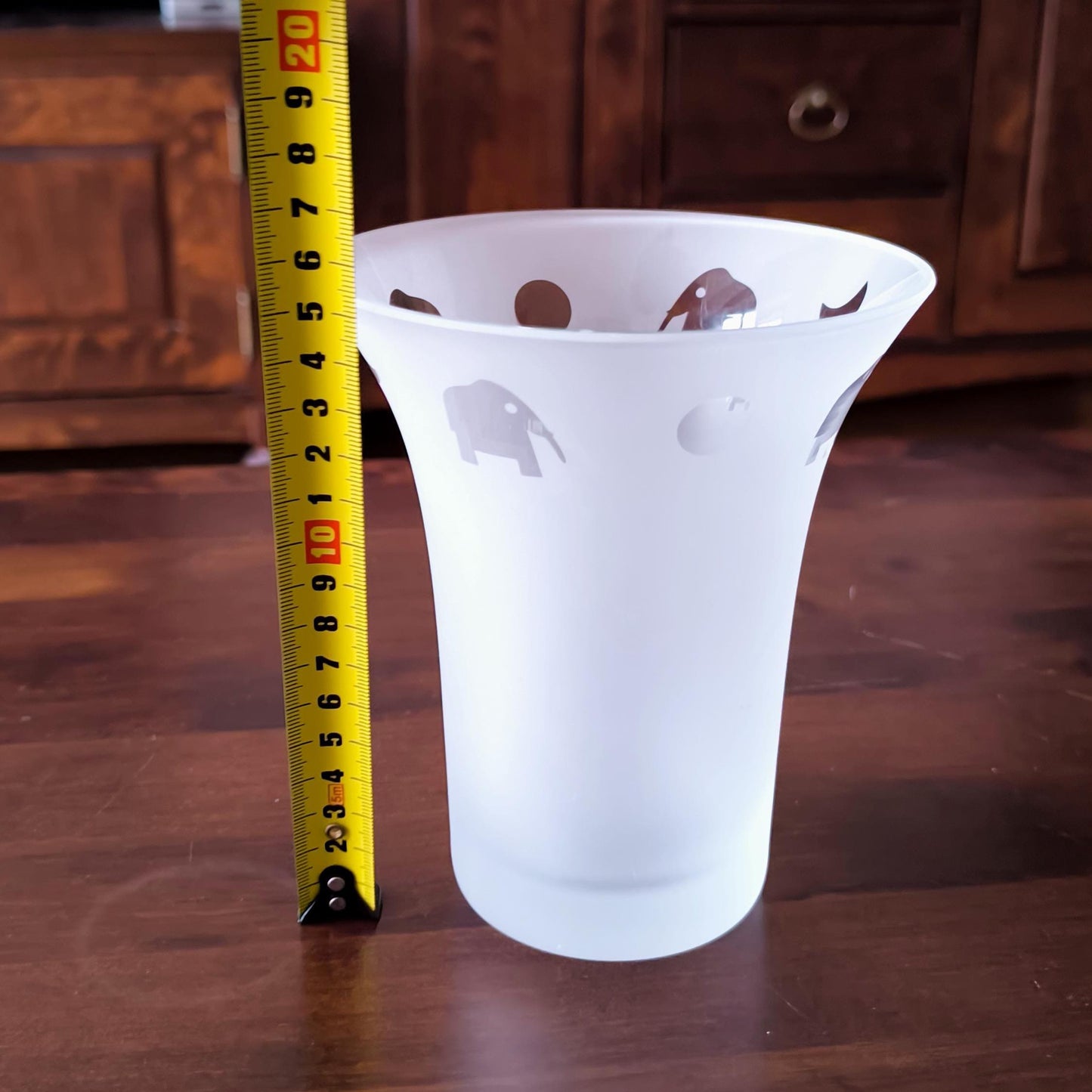 Frosted Glass Vase With Clear Elephant Motive, Postmodern 1980s.