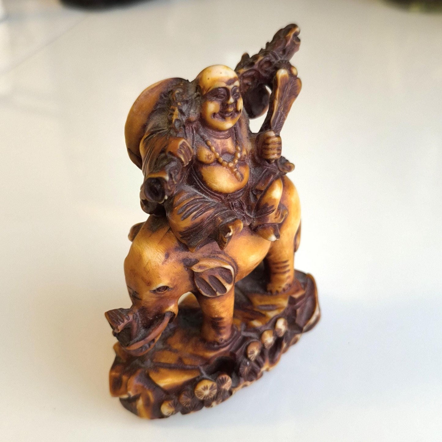 Sitting Buddha on Elephant Statue, Brown Resin 1970s