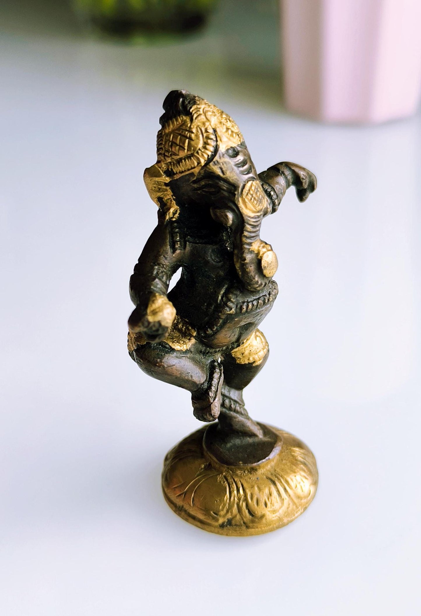 Small Bronze Dancing Ganesha Statue, Gold & Brown Tones, Hindu Elephant God, 1980s
