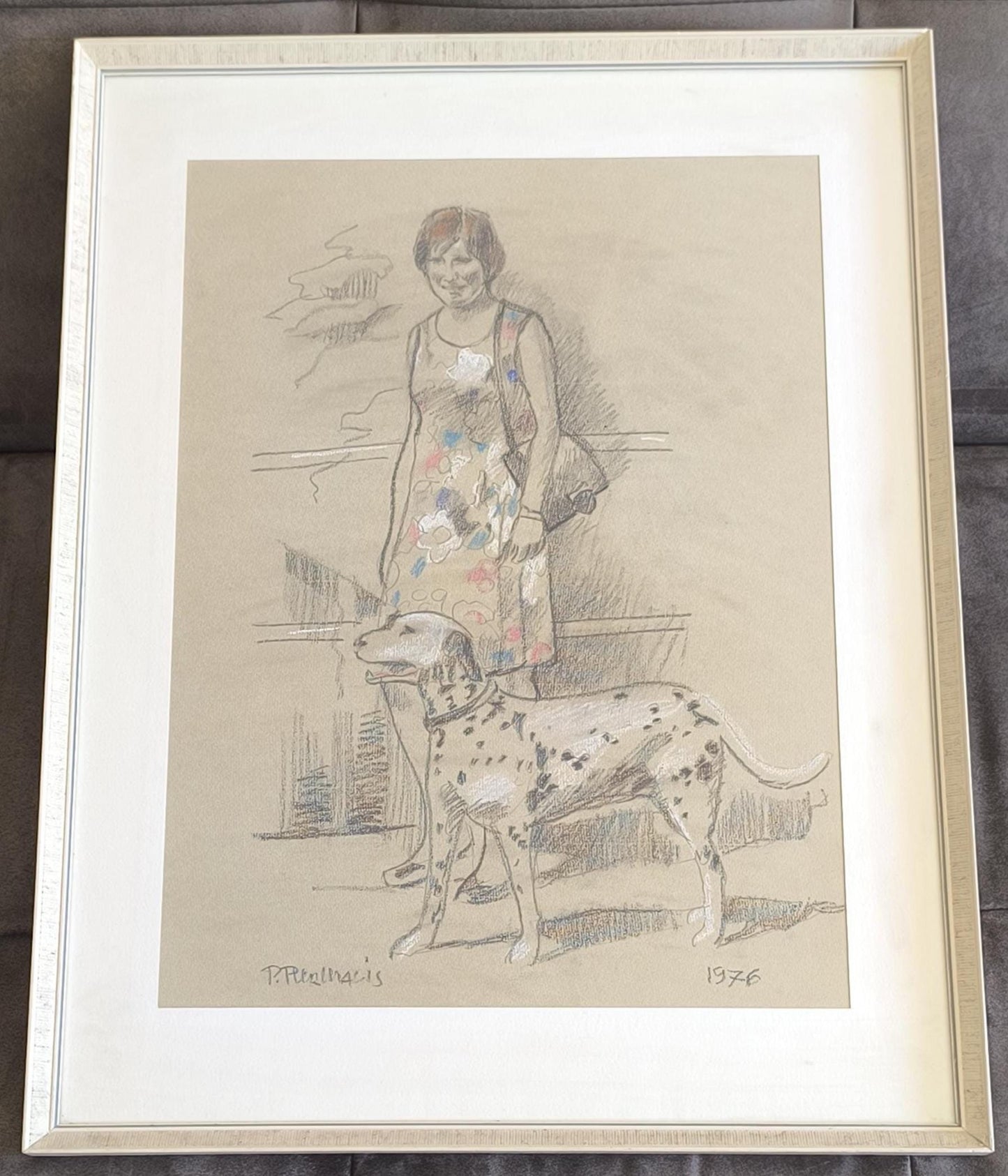 Woman with Dalmatian Drawing, Signed "P. Pennalis", 1976
