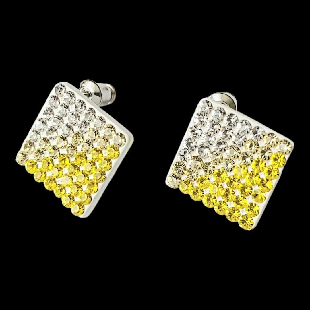 Vintage 2000s Ceramic Costume Jewelry Earrings, Two-Triangle Mosaic with White & Yellow Crystals
