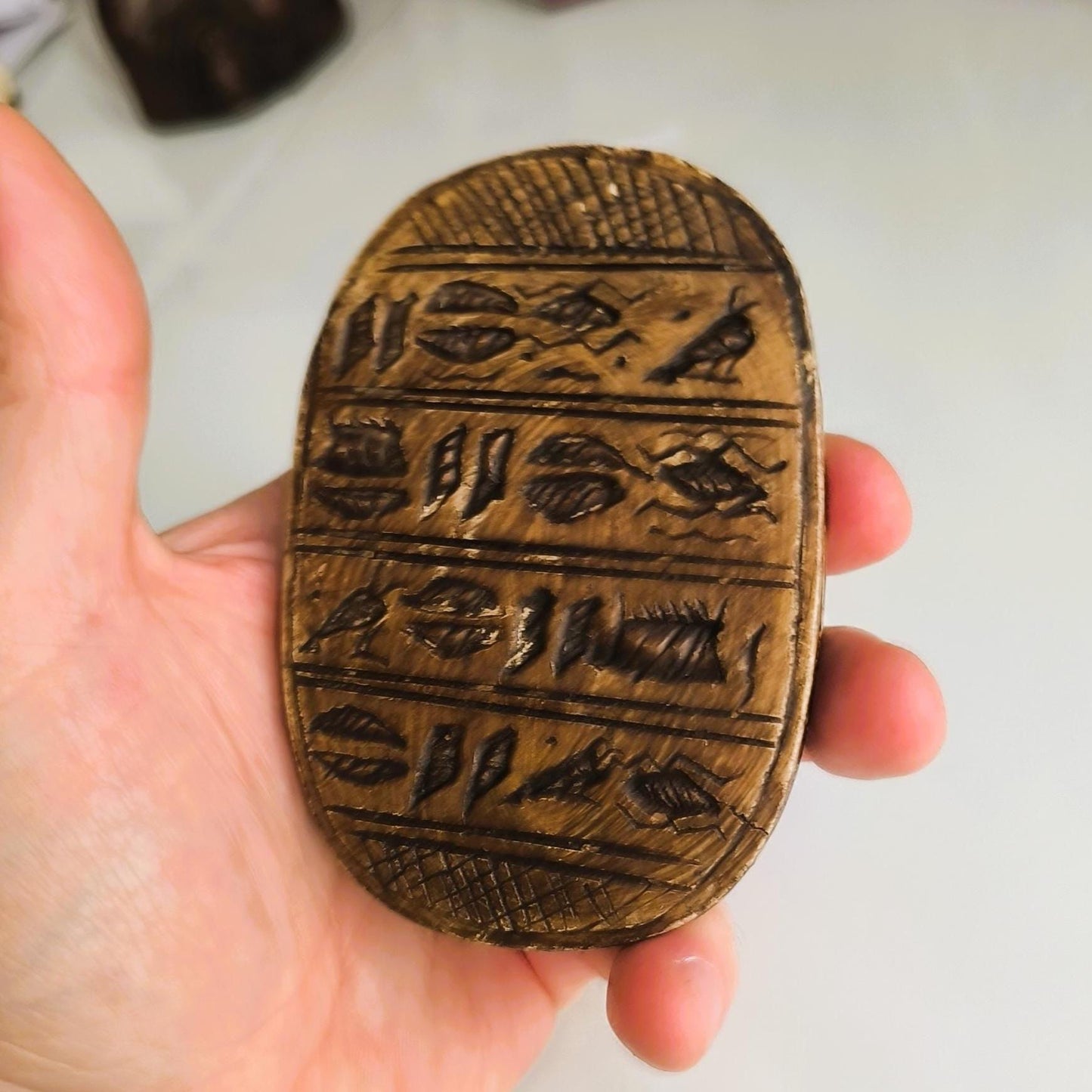 Carved Brown Stone Egyptian Scarab Beetle with Hieroglyphics, 1970s