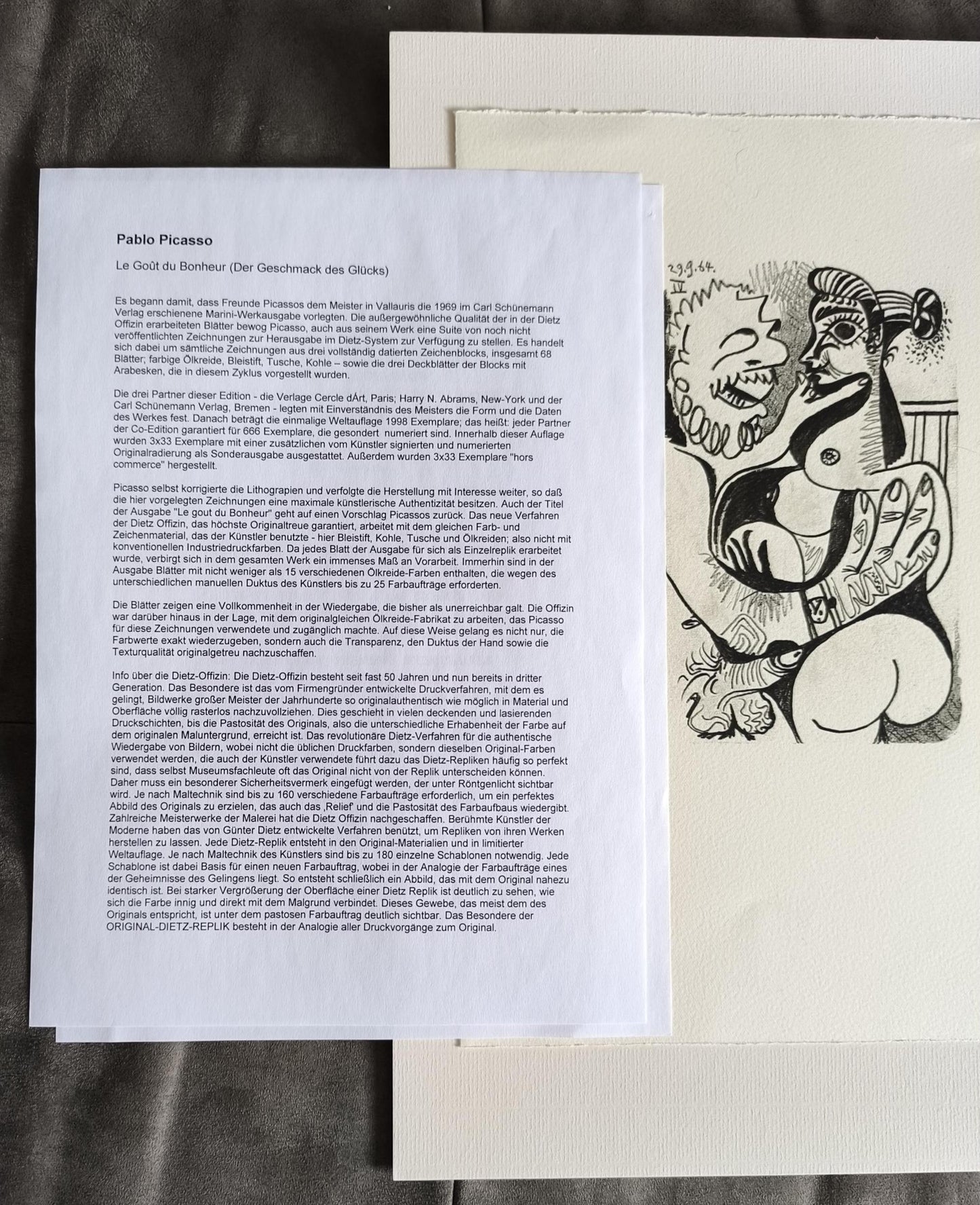 Pablo Picasso Lithograph 3 No.198/666, "Le Gout du Bonheur", Arches Paper 1964, Unframed