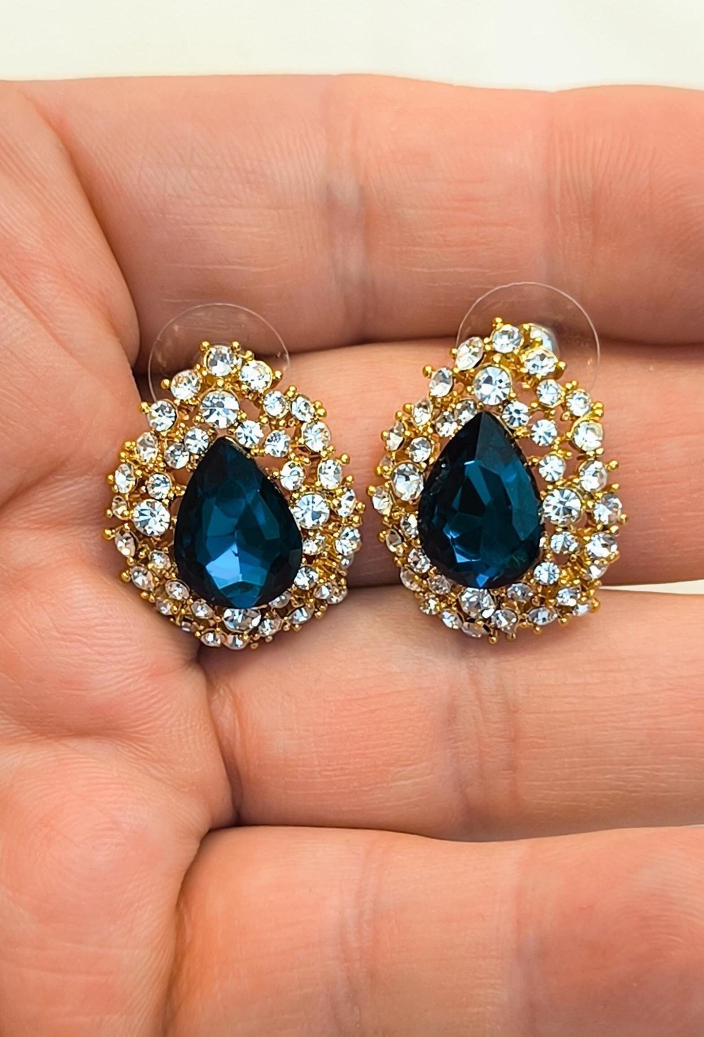 Vintage 2000s 14K Gold-Plated Stud Earrings with Blue Drop Swarovski Crystal & Diamond Accents