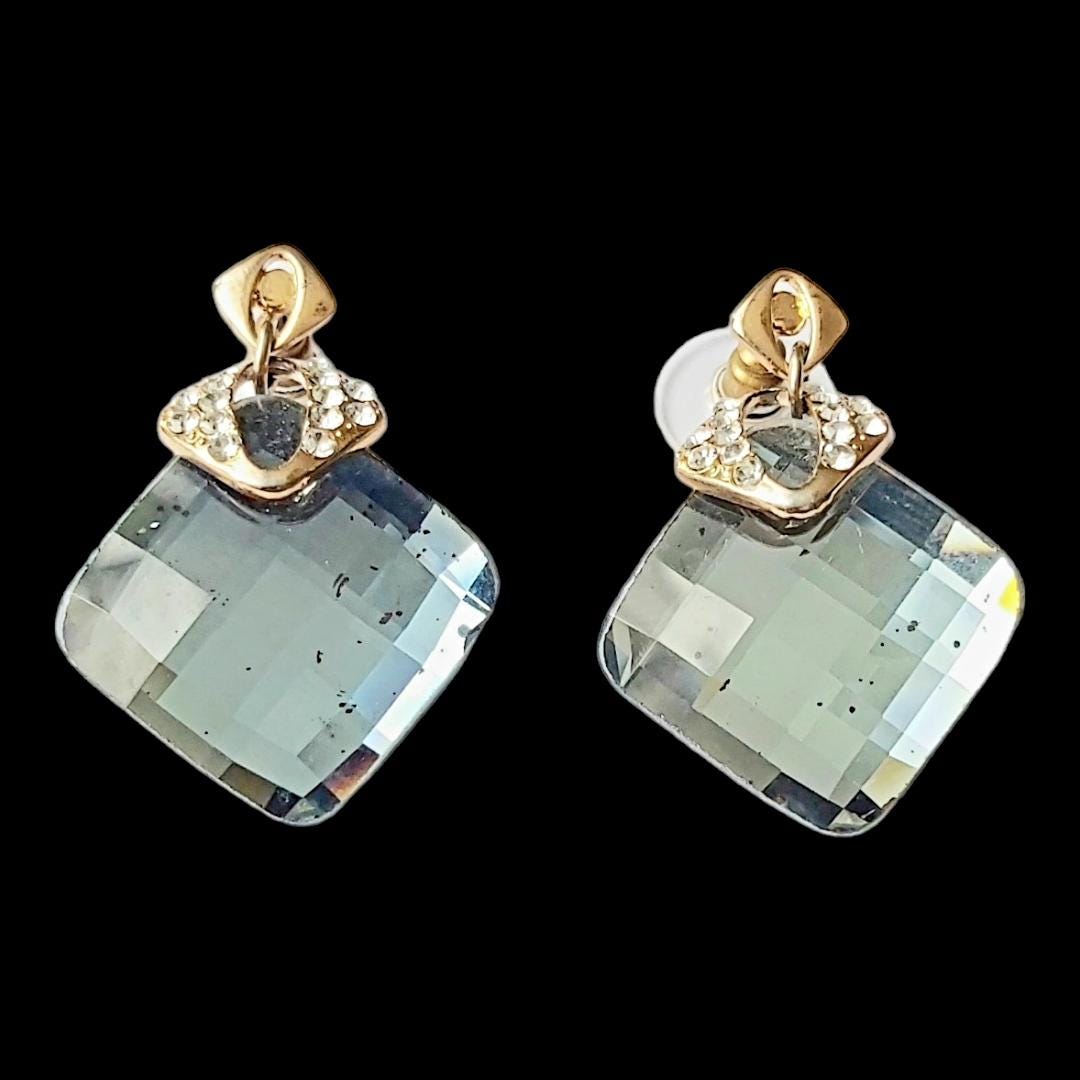 Blue Swarovski Crystal & Diamond Imitation 14K Gold-Plated Vintage Stud Earrings 2000s,