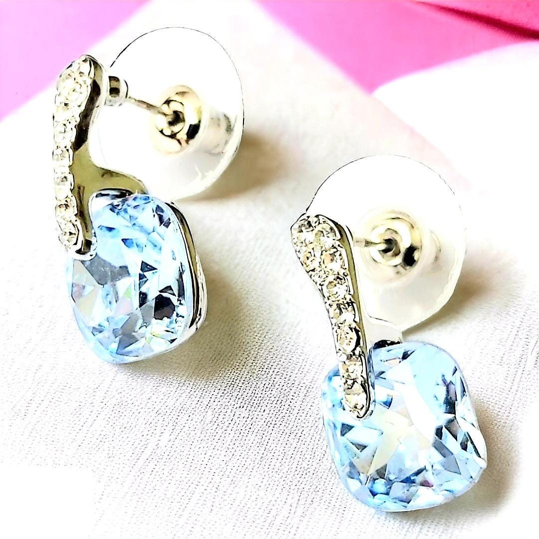 Pair of Vintage 14K Gold-Plated Stud Earrings 2000s, Diamond & Blue Topaz Imitation