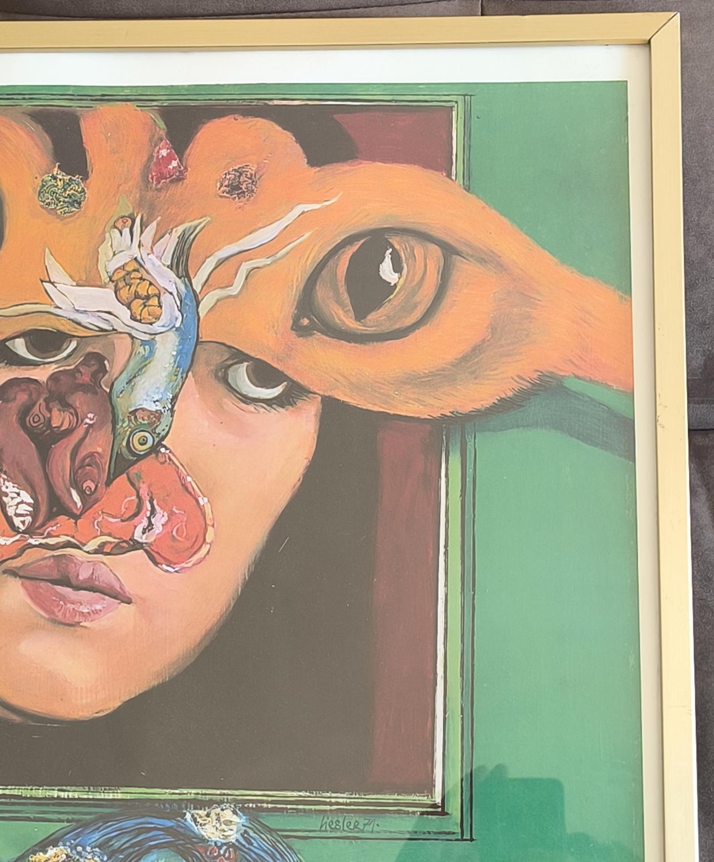 Surreal Etching by Josef Liesler, Face and Eyes, Signed 1971, Framed