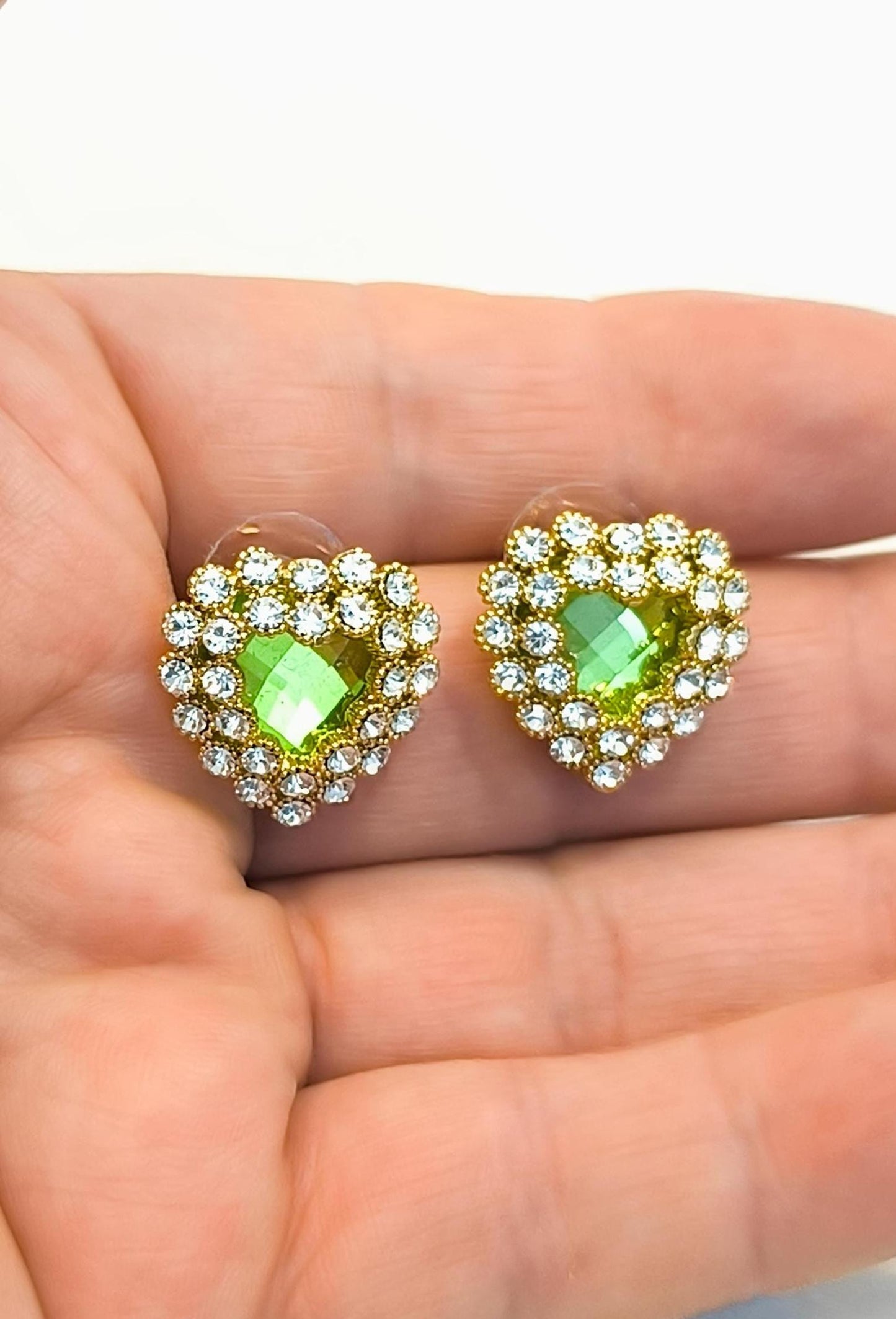 Vintage 2000s 14K Gold-Plated Stud Earrings with Green Heart-Shaped Swarovski Drop & Diamond Accents