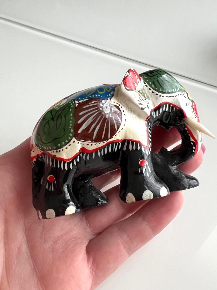 Hand Painted Wooden Elephant Figurine Ornament 1980s
