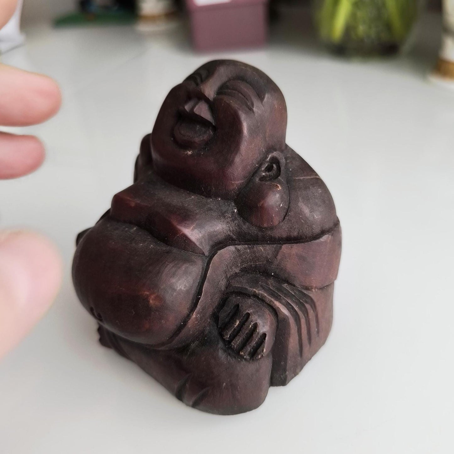 1970 Handmade Wooden Painted Brown Carved Sitting Buddha