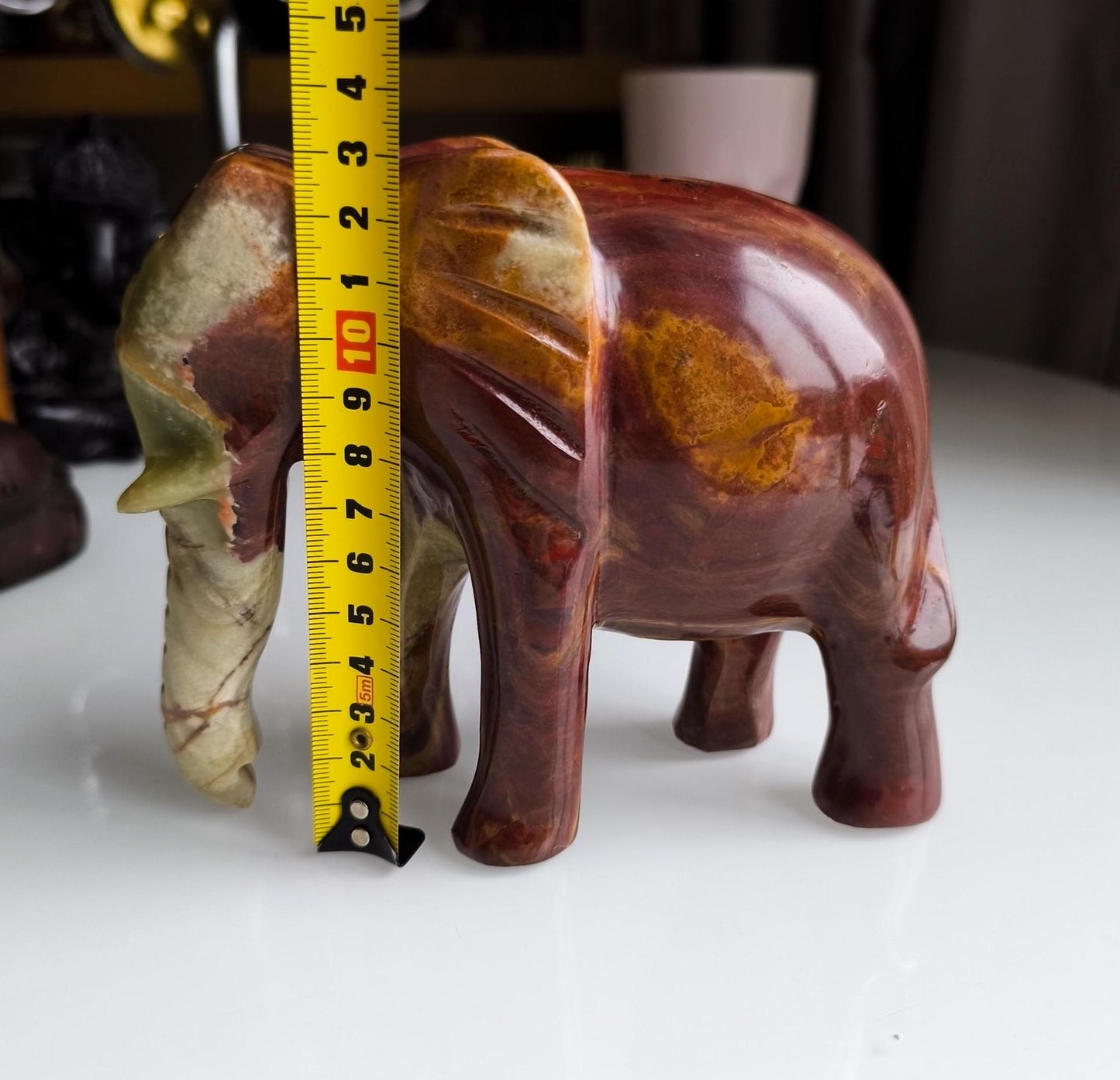 Vintage Handcrafted Onyx Elephant Sculpture, Brown & Green Stone, 16 cm, 1980s