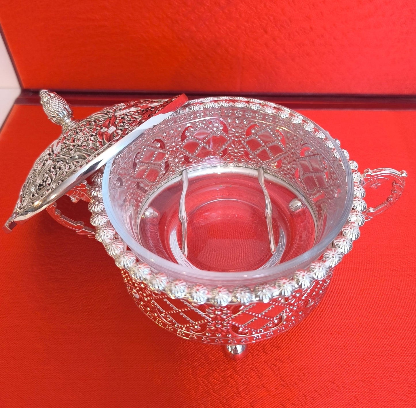 Silver Plated Sugar Bowl with Glass Insert: Asian Inspired