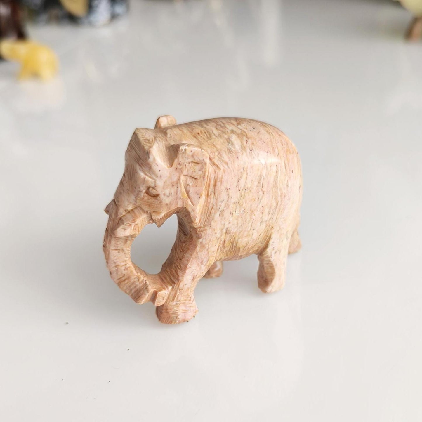 Handmade Small Light Brown Soapstone Elephant Statue with Lowered Trunk, 2000s