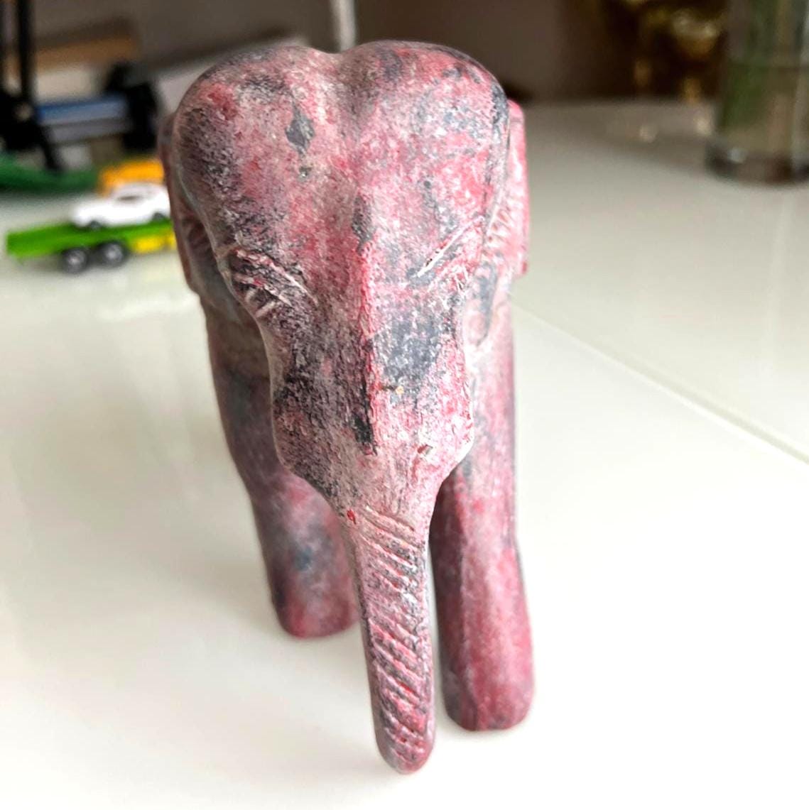 Carved Wooden Elephant Figurine Red Finish 1970s