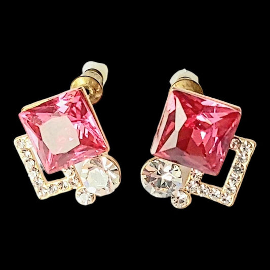 Vintage 14K Gold-Plated Stud Earrings 2000s, Ruby & Diamond Imitation Pair