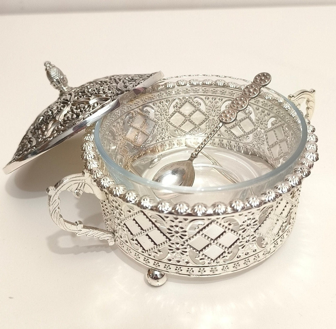 Silver Plated Sugar Bowl with Glass Insert: Asian Inspired