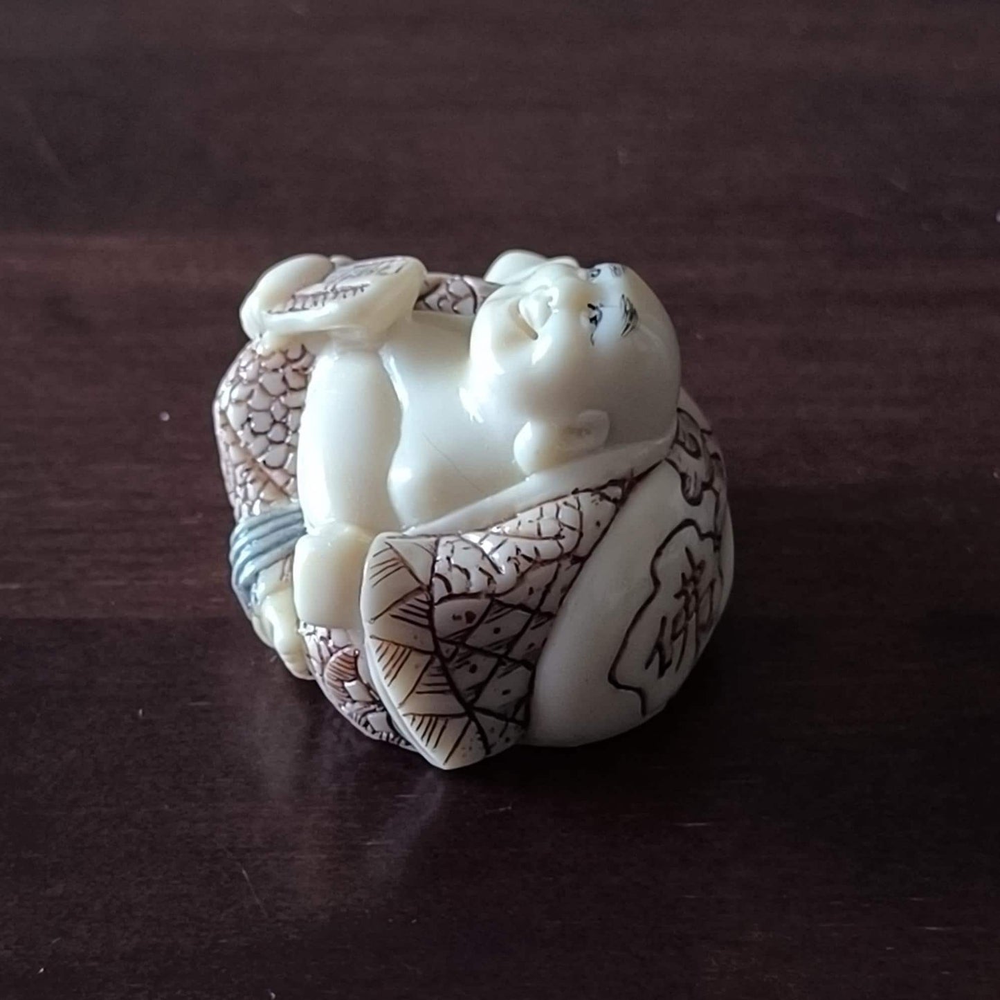 Japanese Resin Netsuke Happy Buddha Figurine Hand Painted, Carved 1970s