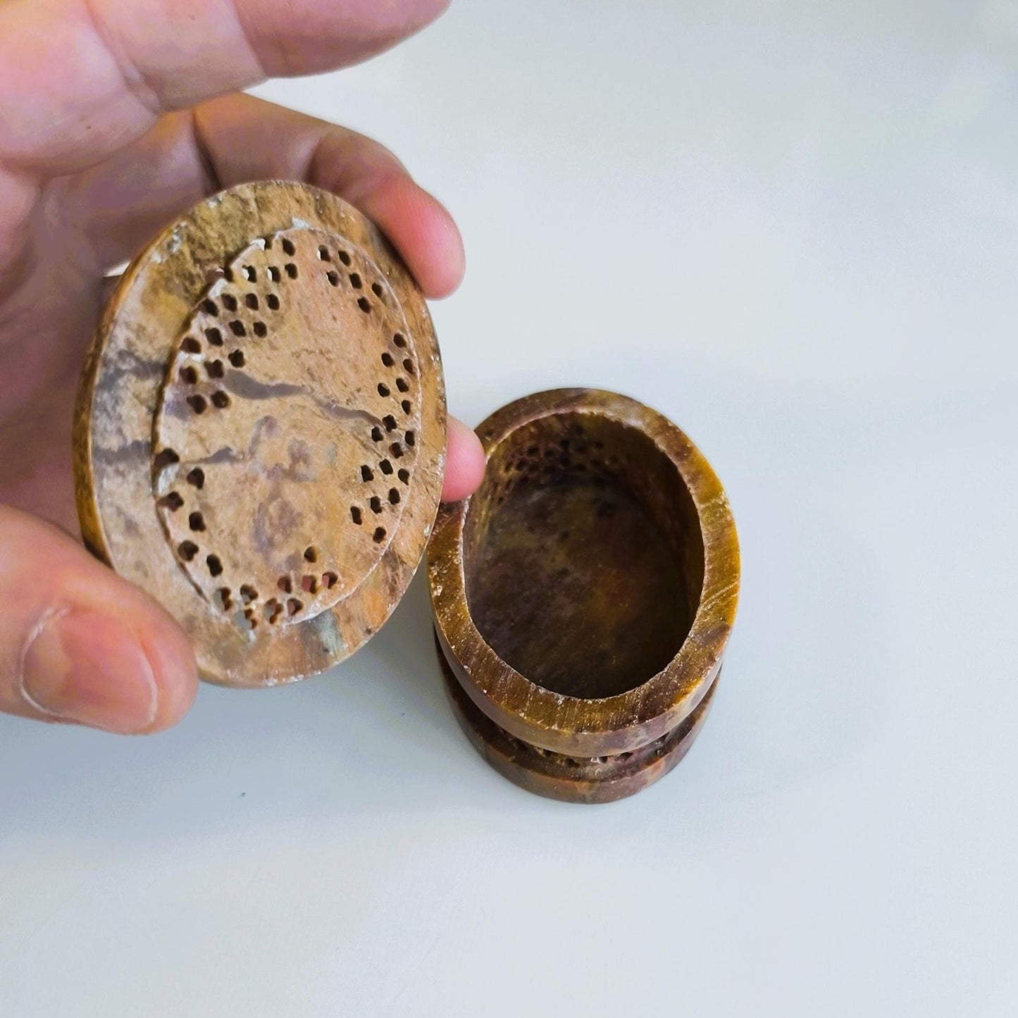 Small Brown Stone Trinket Box with Carved Owl Lid, 1970s