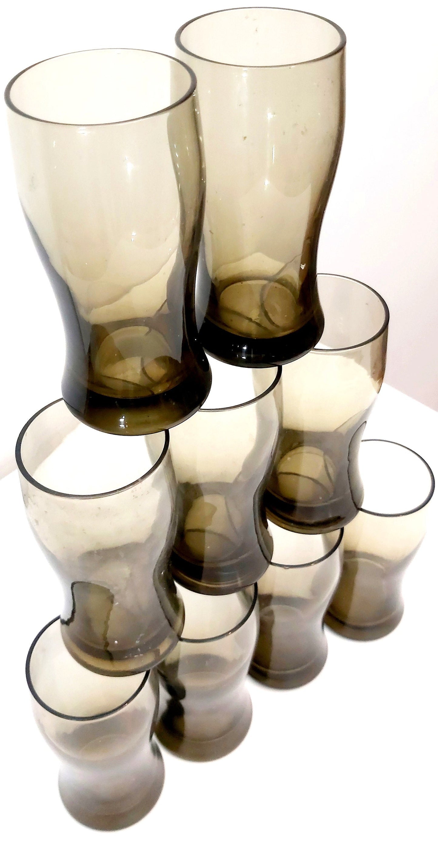Vintage Smoke Brown Glass Tumblers - 1970s Drinkware Set of 6