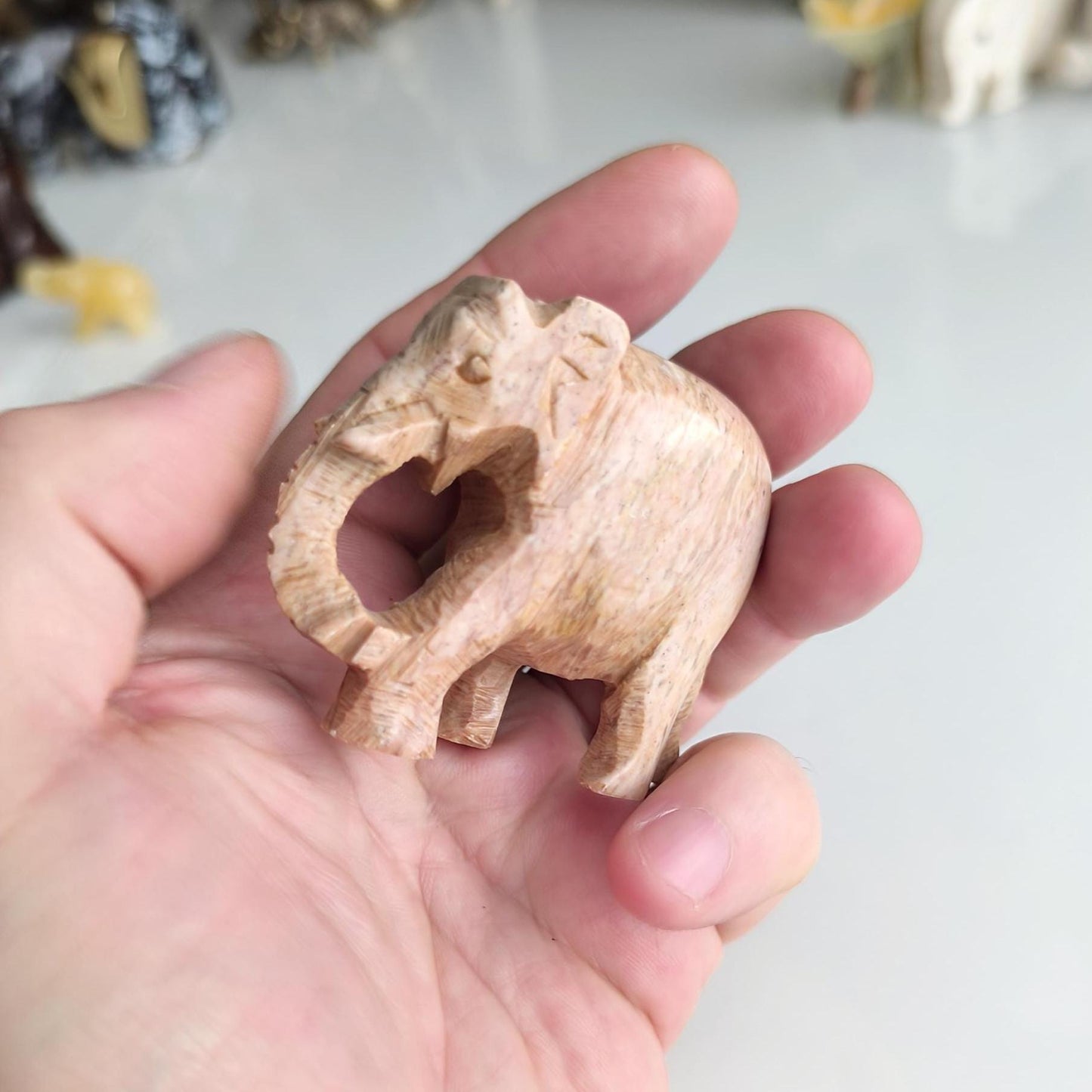 Handmade Small Light Brown Soapstone Elephant Statue with Lowered Trunk, 2000s