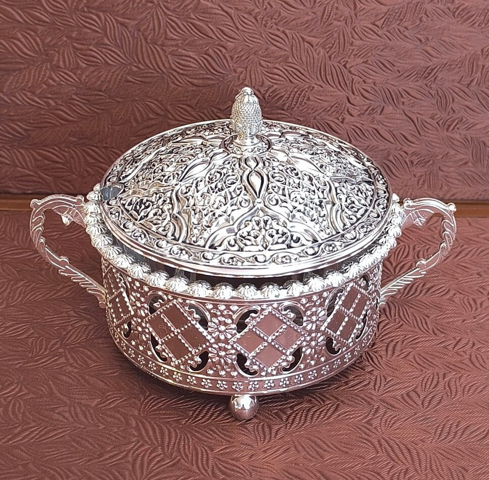 Silver Plated Sugar Bowl with Glass Insert: Asian Inspired