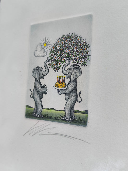 Volker Kühn Elephant Etching Hand Colored, Framed, Signed