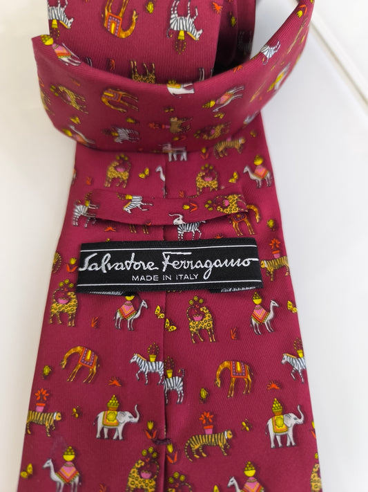 Salvatore Ferragamo Silk Tie Red Elephant Pattern Italy 1980