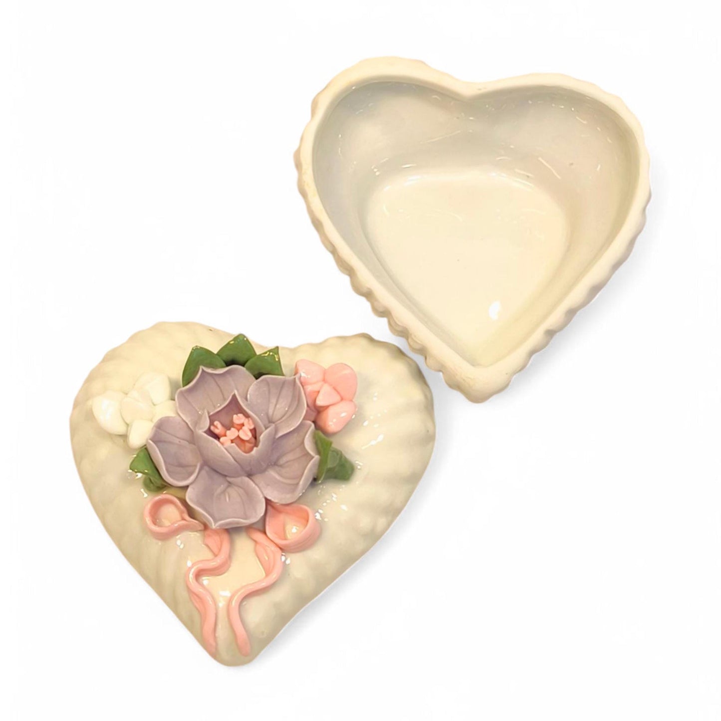 White Porcelain Heart-Shaped Trinket Jewelry Box with Flower, 1980s