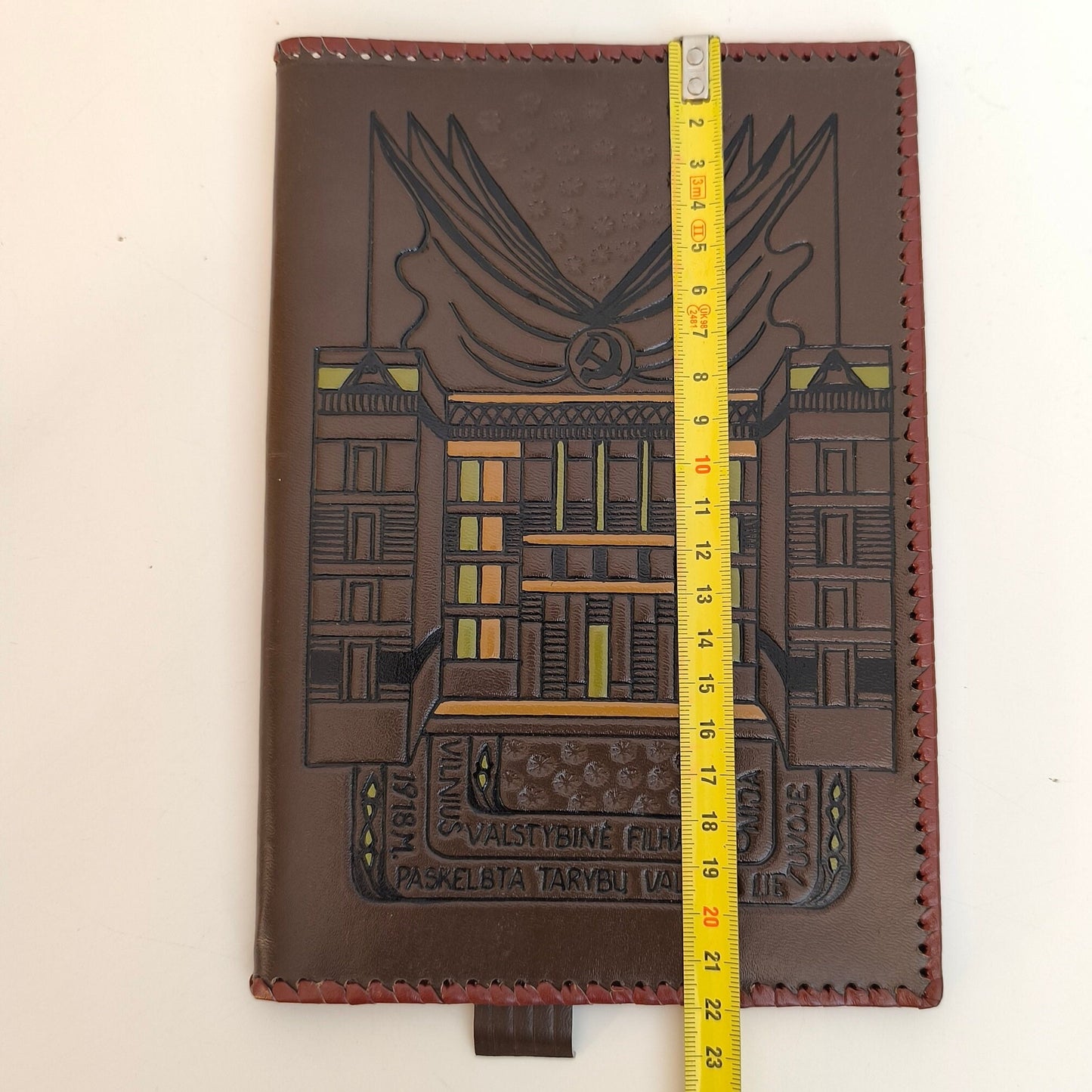 Leather Notebook Cover, Handcrafted Embossed with Lithuanian Inscription: Vilnius State Philharmonic, 1918 Soviet Rule Declaration