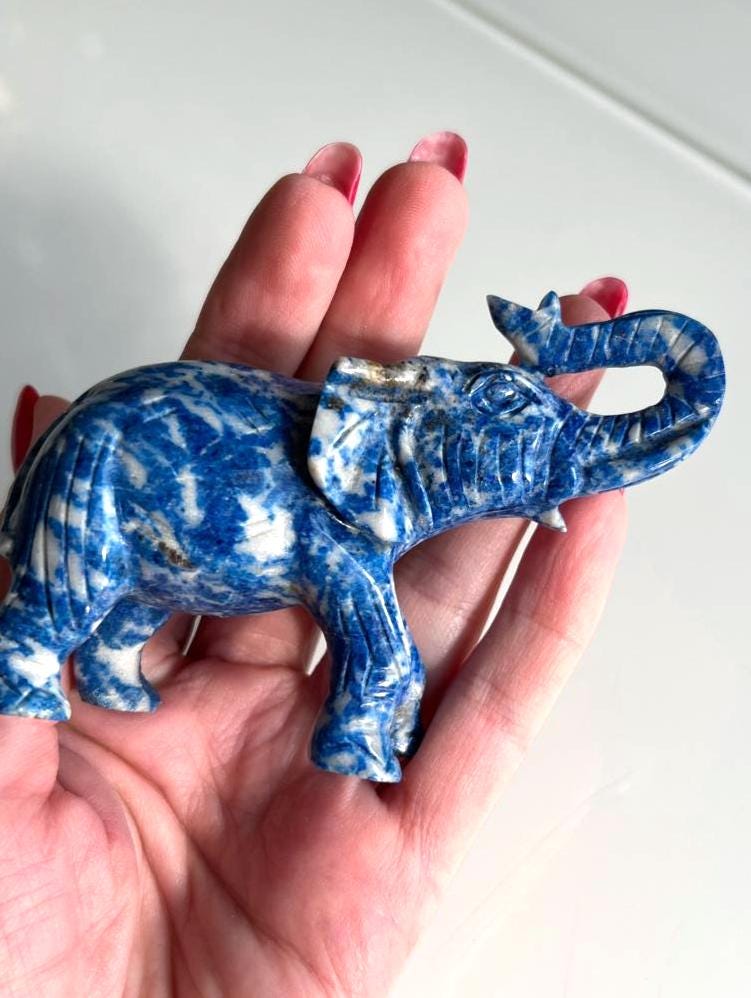 Lapis Lazuli Elephant Figurine Hand Carved 1970s
