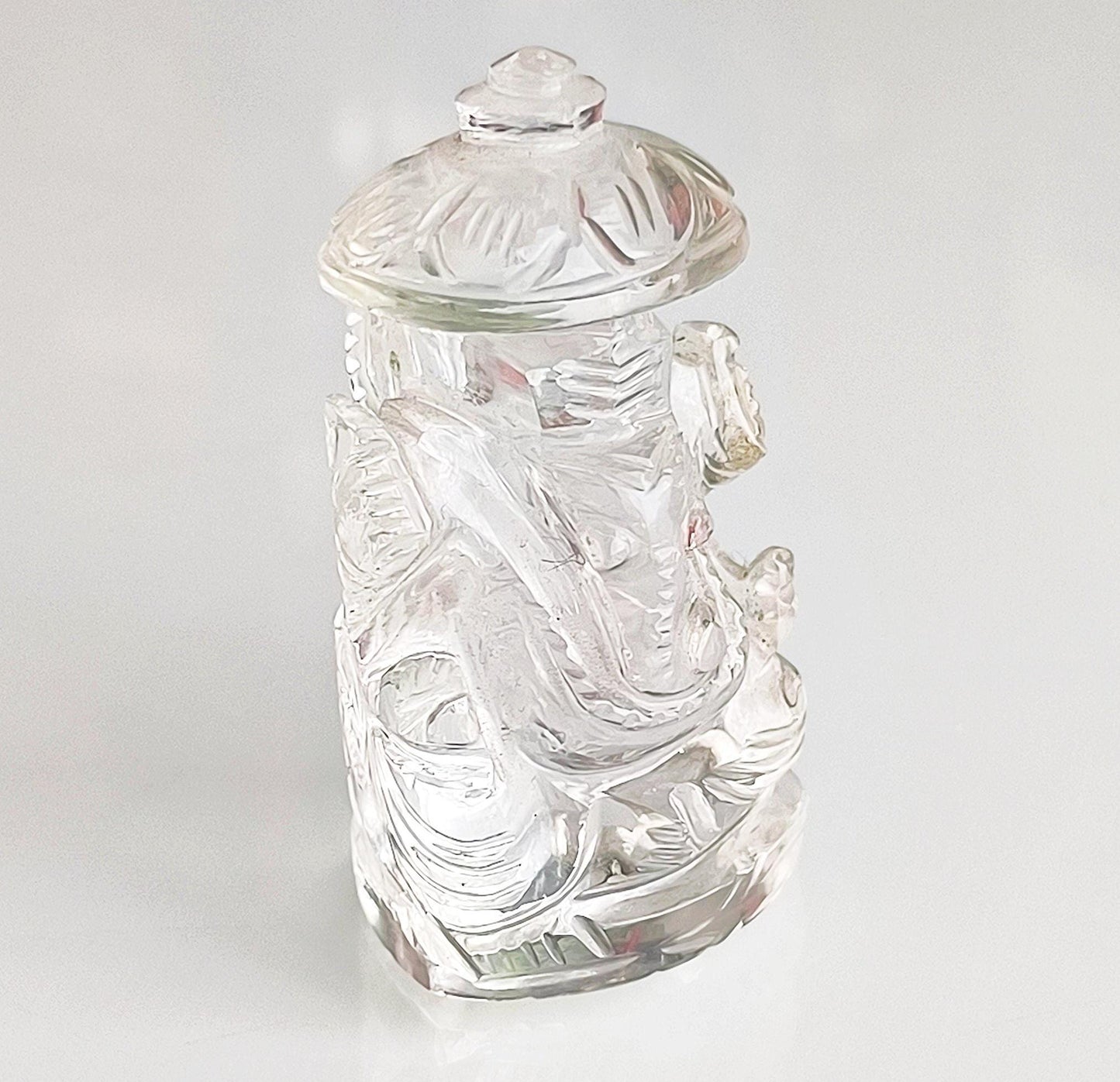 Small Clear Glass Crystal Seated Ganesha Statue, Khmer Ganapati, Hindu Elephant God, 1980s