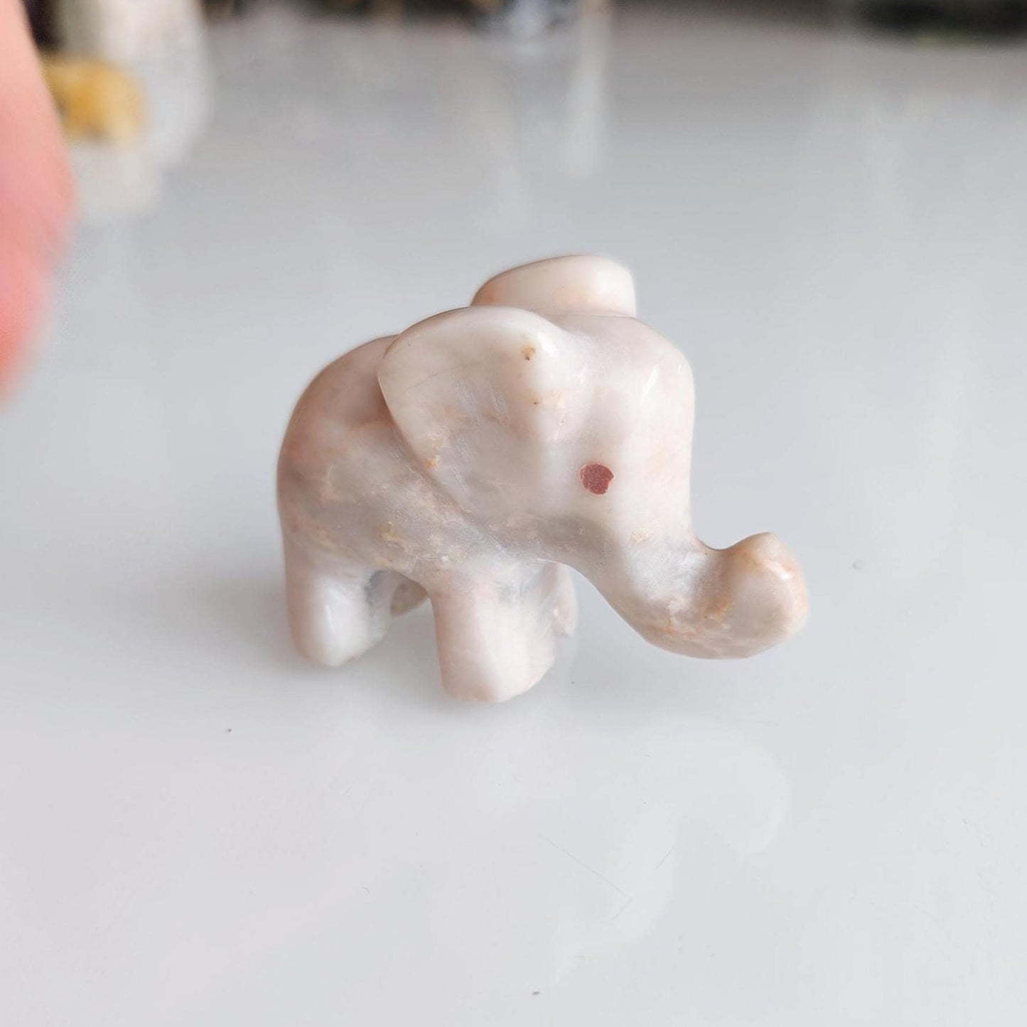 Small White Stone Elephant Statue with Red Eyes, Handmade 2000s