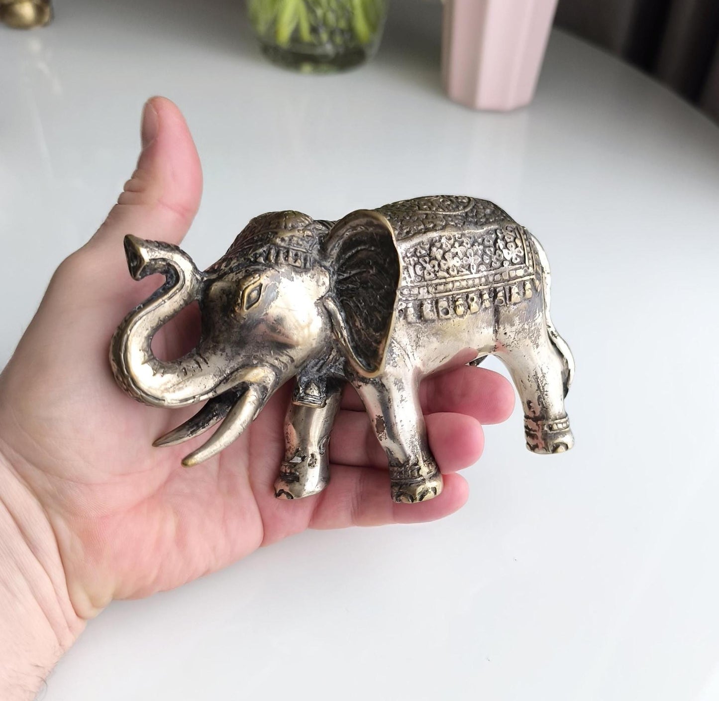 Bronze Asian Elephant Figurine with Silver Highlights, 1980s