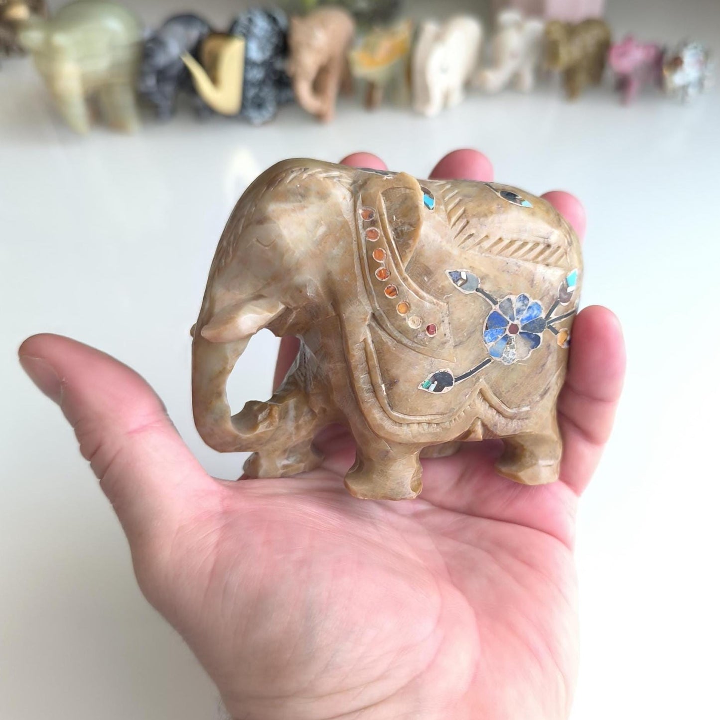 Hand-Carved Asian Elephant Statue with Inlaid Colored Stones, 1980s