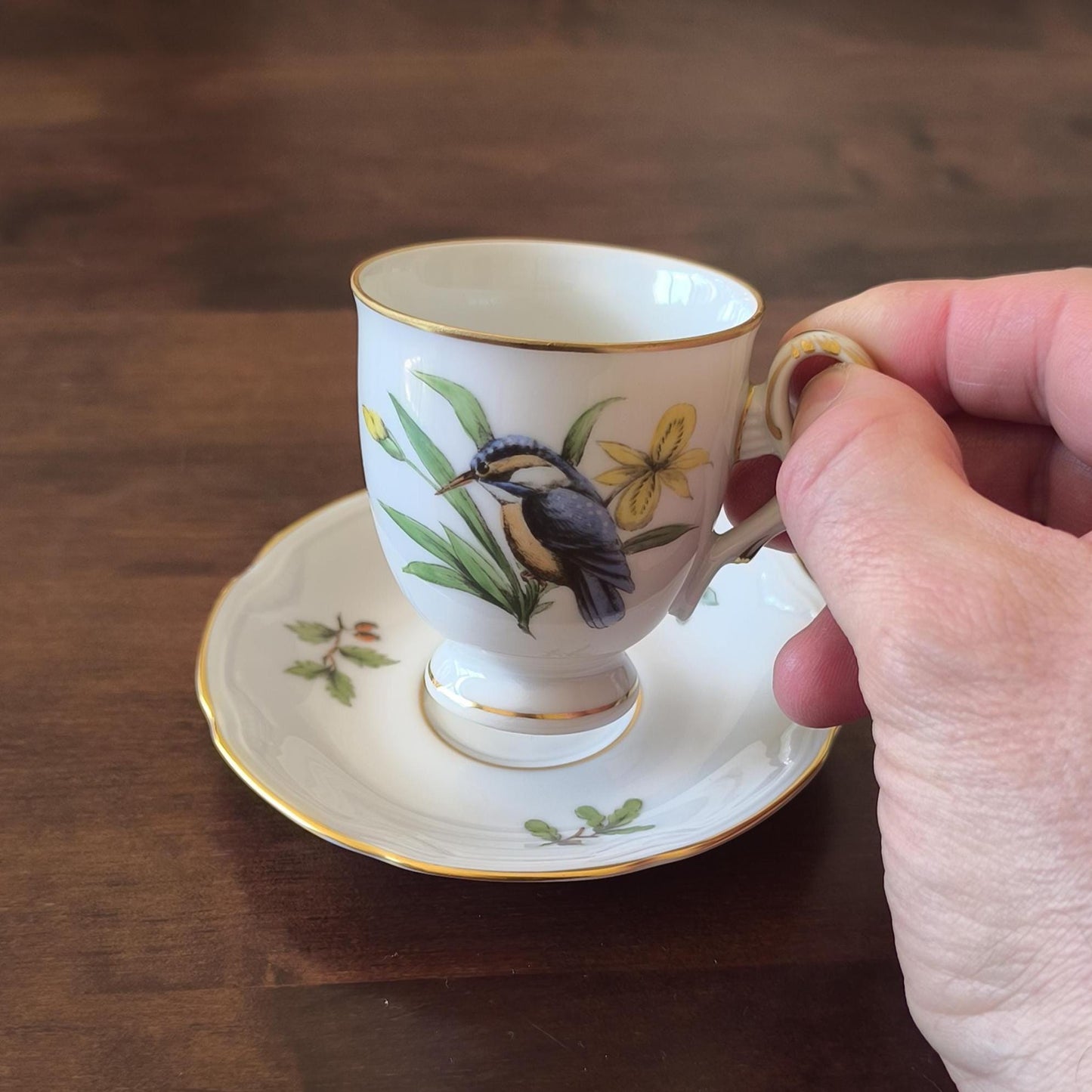 German Porcelain MPM Saxonia Coffee/Tea Cup & Saucer – Hand-Painted Blue Bird, Yellow Flower, 1980s