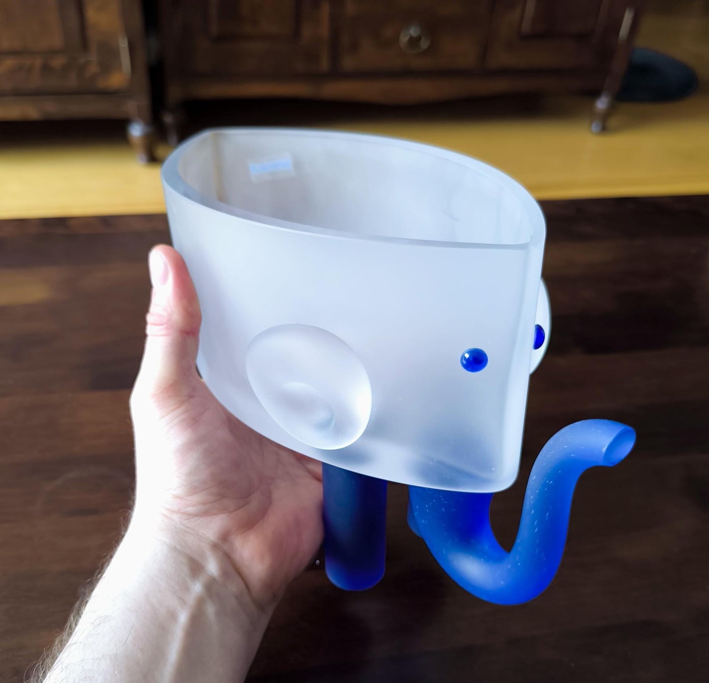 Borowski Sculptural Glass Elephant Bowl, Frosted & Blue, Collectible Art, 2000s